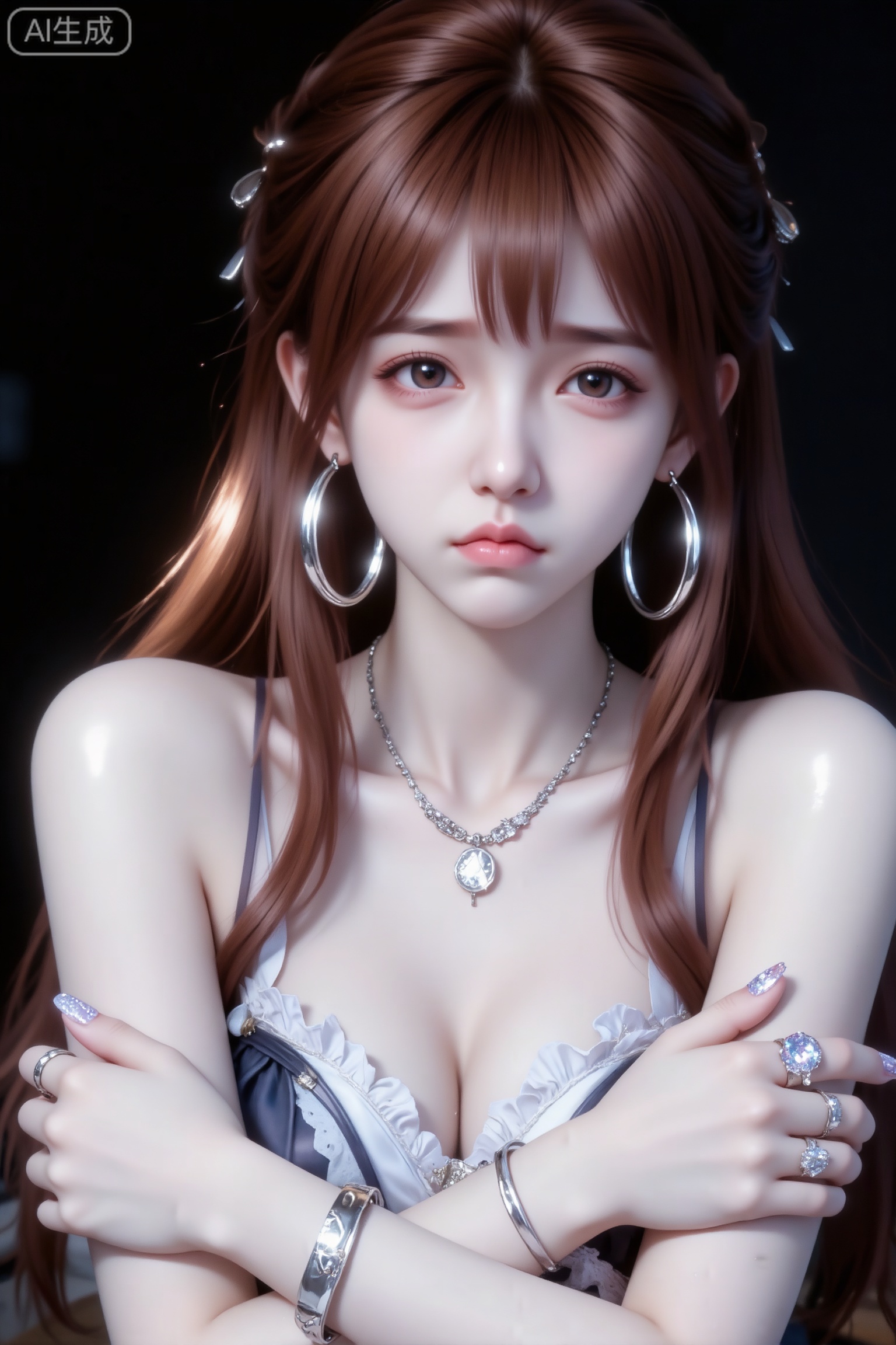 杰作级画质,顶级图像精度,超高清细节渲染,单人女性角色,（紫色亮丽的长发：1.4）,（比例优越的纤细长腿：1.3）,（肌肤白皙光滑的匀称美腿：1.4）,（挺拔饱满的D 罩杯曲线：1.4）,（精致立体的美颜五官：1.4）,美颜全开,光滑油亮的皮肤,水嫩的肌肤,一个女孩,紫色头发,
以墨明风格艺术美学呈现画面。画面中的离尘师妹模样极为可爱,有着幼态脸蛋,有着可爱无辜且眼睑下至的眼睛。她拥有深栗棕色森系发型,发丝垂坠且轻抚泛光,瓷感白肌肤,身着随机款洛丽塔服装,清纯动人,佩戴简约饰品,双臂交叉抱在胸前,嘴巴微微嘟起,脸上带着一点点小委屈或小生气的表情,显得俏皮又可爱。。画面聚焦面部,高曝低饱和,整体处于暗调静谧房间的慵懒氛围中,构图平庸,呈现生活快照般的随手一拍抓拍风格。
亮银色大圈耳环和项链,配饰亮银色戒指,带着手镯,配着亮油大亮晶晶美甲