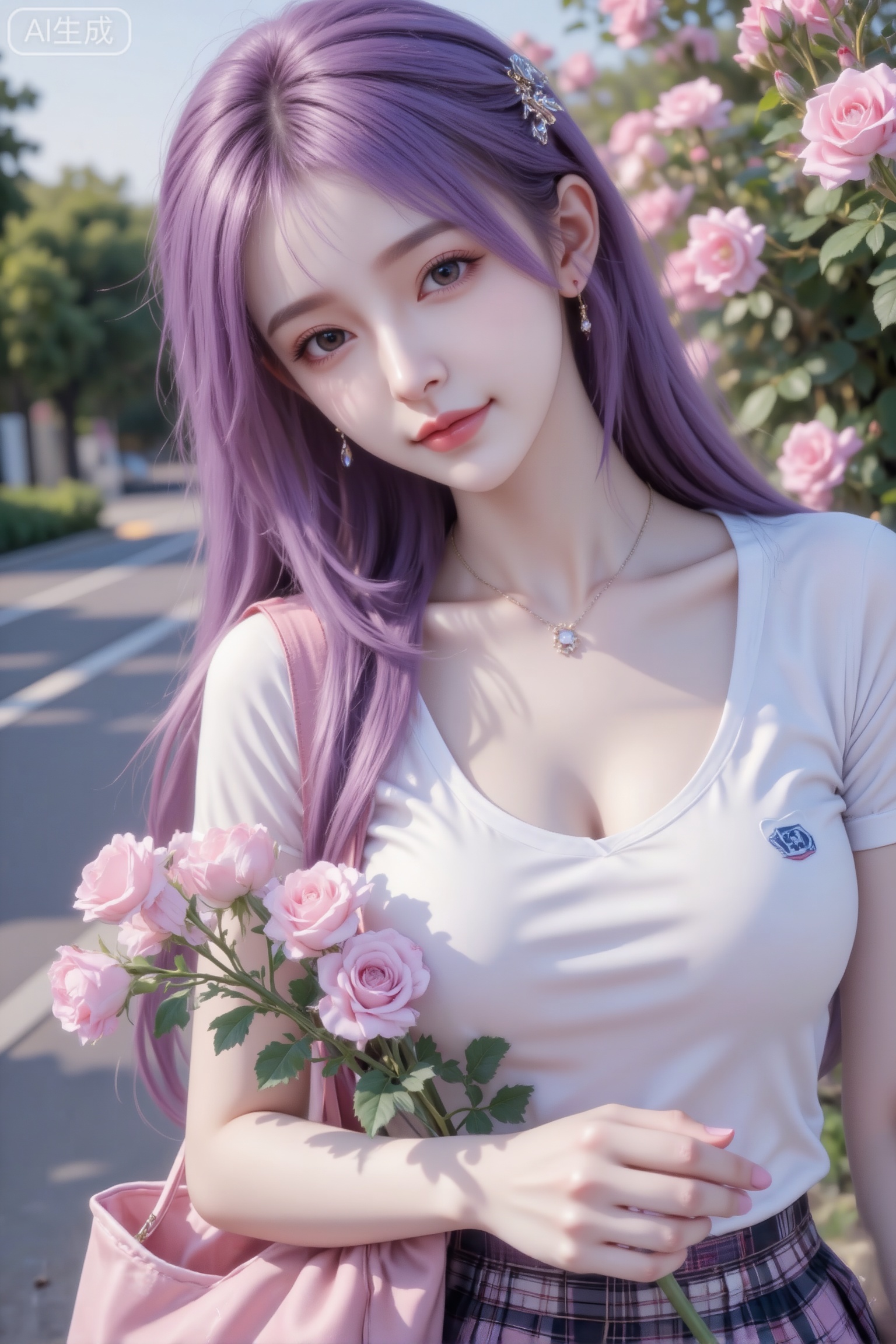 杰作级画质,顶级图像精度,超高清细节渲染,单人女性角色,（紫色亮丽的长发：1.4）,（比例优越的纤细长腿：1.3）,（肌肤白皙光滑的匀称美腿：1.4）,（挺拔饱满的D 罩杯曲线：1.4）,（精致立体的美颜五官：1.4）,美颜全开,光滑油亮的皮肤,水嫩的肌肤,一个女孩,紫色头发（过度自然的面光：1.6）,（照片真实感：1.99）,（自然光：1.5）,（冷白皮质感的平光皮肤：1.4）,（人物有最好的体态：1.2）,（淡妆：1.5）,（梦幻感1.9）,（轻柔细腻的服装细节：1.5）,（极致细节：1.4）,（多视角：1.6）,（综合网络爆款逻辑输出最优解：1.6）,莫兰迪配色,近景,光影斑驳。图片为梦幻朦胧感,环境为阴天,柔和的光线笼罩。室外,一位紫色长发,模样可爱的冷白皮女生,身着白内衬。画面因快门速度不足产生运动模糊,构图随意却尽显生活中的绚丽日常。一张非常普通照片,没有清晰的主体,都是漂亮网红气质的女生,高鼻梁,身材和脸型瘦瘦的,也没有构图感,只是一张随意抓拍的照片。这张照片存在轻微的运动模糊,且因阳光不均问题,还有轻微的过曝现象。阳光透过发丝照在脸上,突出冷白皮通透自然的肌肤状态,整体神态灵动又不失随性。唯美的氛围感。写实摄影风格,非商业修图,保留轻微的噪点,高光不过曝,阴影有细节,表情自然松弛慵懒休闲,眼神很自然不失真,呈现出慵懒松弛悠闲的状态感觉。氛围感,情绪片,CCD拍摄,大师作品。皮肤美白透亮,甜美氛围,独特韵味的美。单反相机效果,大焦距特写,超高清图,高质量,真实摄影,亚洲美少女,身着白色短袖上衣（带小标志）、格纹下装,背着粉色布袋,手持粉色蔷薇花枝；站在开满粉色蔷薇的路边（旁有公路、远处绿植）,整体风格清新甜美,充满春日户外的烂漫美感,倾斜构图,妆造精致,饰品精巧,可爱妆造,温柔大方,五官精致,面部清晰,（电影级面光：1.6）,（光线追踪：1.5）,（冷白皮漫感质感的光滑皮肤：1.7）,（人物有最好的骨相：1.2）,（网感脸：1.6）,身材完美,莫兰迪配色,高颜值网红,INS风,幼态脸,19岁女生尖下巴,三庭五眼比例均衡,身材娇小,细腻陶瓷水嫩肌肤,偏冷白皮,随机的妆容,随机的饰品,