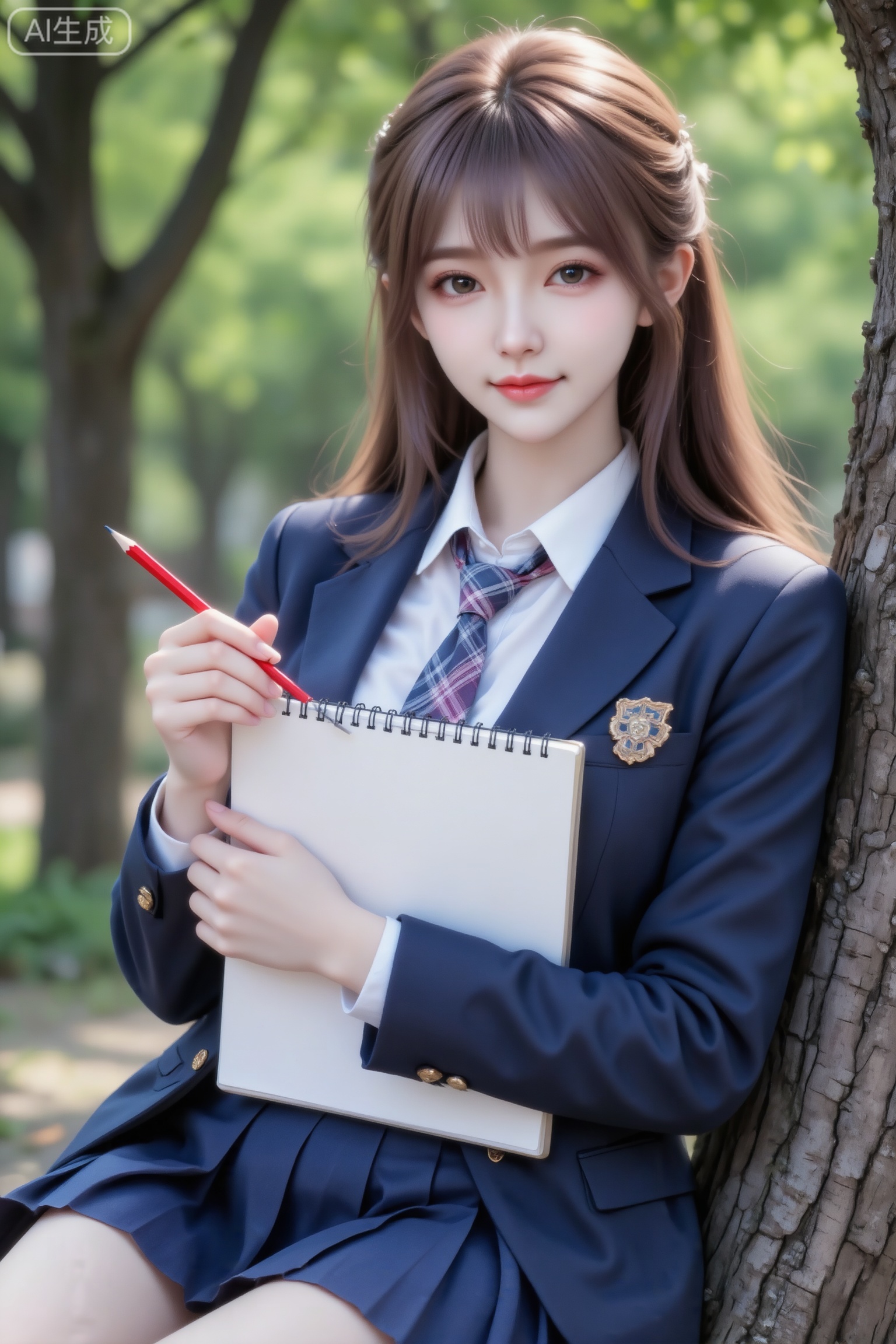 杰作级画质,顶级图像精度,超高清细节渲染,单人女性角色,（紫色亮丽的长发：1.4）,（比例优越的纤细长腿：1.3）,（肌肤白皙光滑的匀称美腿：1.4）,（挺拔饱满的D 罩杯曲线：1.4）,（精致立体的美颜五官：1.4）,美颜全开,光滑油亮的皮肤,水嫩的肌肤,一个女孩,紫色头发真实摄影,棕色长发（带刘海）,穿着深蓝色西装外套、白色衬衫、格子领带、深蓝色百褶裙,怀抱白色速写本,手持红色铅笔,倚靠在树枝上,背景是绿意盎然的树林,光线柔和,氛围清新、文艺,充满校园感与自然气息,（电影级面光：1.6）,（光线追踪：1.5）,（冷白皮漫感质感的光滑皮肤：1.7）,（人物有最好的骨相：1.2）,（网感脸：1.6）,身材完美,莫兰迪配色,高颜值网红,INS风,幼态脸,19岁女生尖下巴,三庭五眼比例均衡,身材娇小,细腻陶瓷水嫩肌肤,偏冷白皮,随机的妆容,随机的饰品,随机的动作,侧光,发丝轻飘,凌乱,随机角度拍摄,总体有很多的不确定性,但又好看,
风格甜美少女系,氛围慵懒俏皮,东方美女年轻娇小,冷白皮气质美女,皮肤白皙,偶像气质,fairskin,气质的江南美女子,有点甜美,皮肤美白透亮,表情可爱,甜美氛围,细腻笔触,独特韵味的美,可爱表情,正面照,近景人物上半身特写
