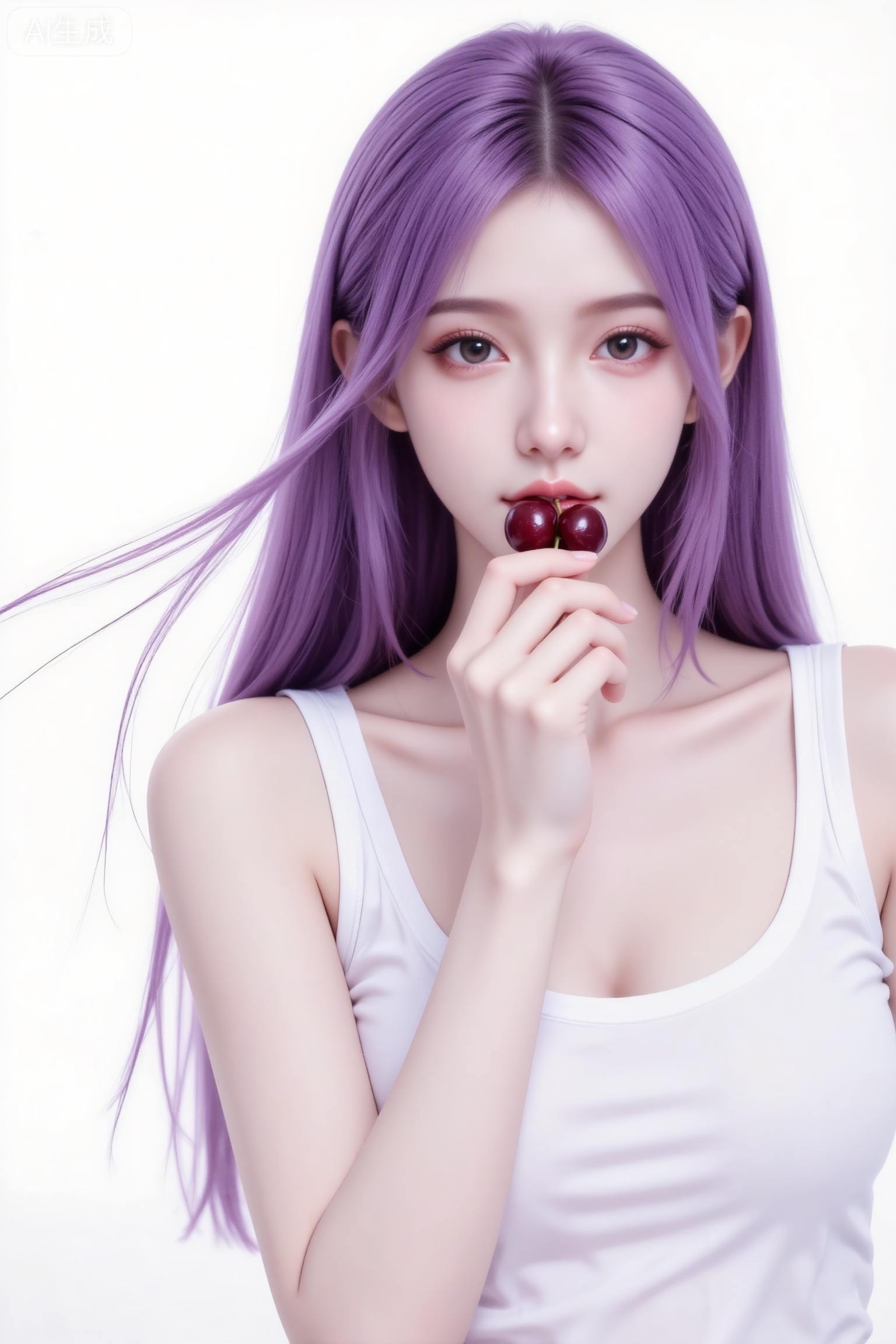 杰作级画质,顶级图像精度,超高清细节渲染,单人女性角色,（紫色亮丽的长发：1.4）,（比例优越的纤细长腿：1.3）,（肌肤白皙光滑的匀称美腿：1.4）,（挺拔饱满的D 罩杯曲线：1.4）,（精致立体的美颜五官：1.4）,美颜全开,光滑油亮的皮肤,水嫩的肌肤,一个女孩,紫色头发,
真实摄影,穿着白色背心,手指夹着几颗深红色樱桃,呈现出优雅精致的互动感,背景是纯白色墙面,整体风格清新、纯净,充满简约高级的氛围感,（电影级面光：1.6）,（光线追踪：1.5）,（冷白皮漫感质感的光滑皮肤：1.7）,（人物有最好的骨相：1.2）,（网感脸：1.6）,（网感妆：1.6）身材完美,莫兰迪配色,高颜值网红,INS风,,19岁女生尖下巴,三庭五眼比例均衡,身材娇小,细腻陶瓷水嫩肌肤,偏冷白皮,随机的妆容,随机的饰品,随机的动作,侧光,发丝轻飘,凌乱,随机角度拍摄,总体有很多的不确定性,但又好看,
风格甜美少女系,氛围慵懒俏皮,东方美女,紫长直,年轻娇小,发丝呈现出自然的蓬松感与垂坠感,长发散落于肩头两侧,几缕发丝拂面,冷白皮气质美女,纯欲风,皮肤白皙,偶像气质,fairskin,气质的江南美女子,有点甜美,皮肤美白透亮,甜美氛围,细腻笔触,独特韵味的美