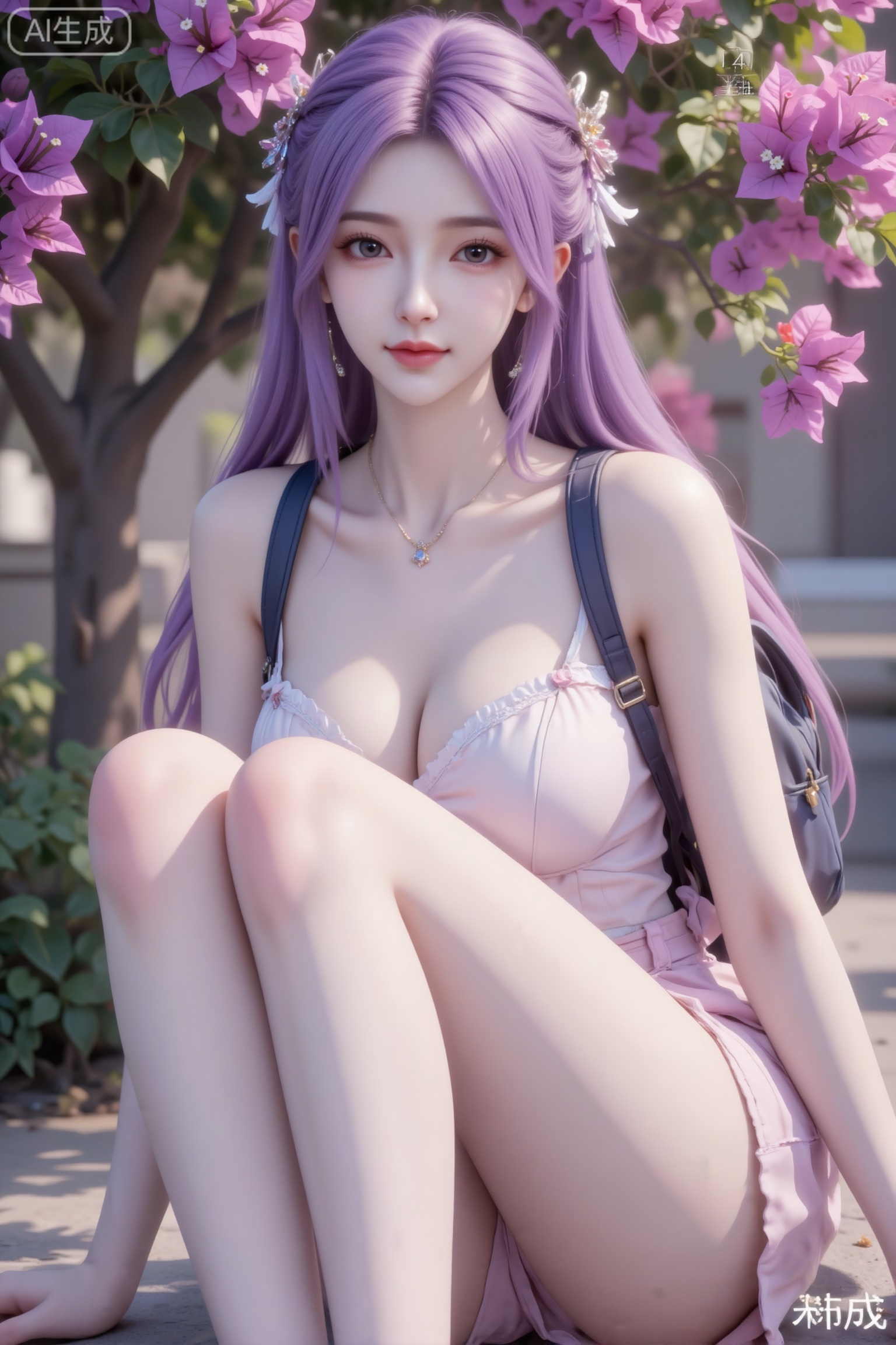 杰作级画质,顶级图像精度,超高清细节渲染,单人女性角色,（紫色亮丽的长发：1.4）,（比例优越的纤细长腿：1.3）,（肌肤白皙光滑的匀称美腿：1.4）,（挺拔饱满的D 罩杯曲线：1.4）,（精致立体的美颜五官：1.4）,美颜全开,光滑油亮的皮肤,水嫩的肌肤,一个女孩,紫色头发,
漂亮女生,浅紫色长发,青春洋溢,清新脱俗的气质,优雅的姿态,身处三角梅树下,精致的五官,冷白皮,身着浅粉色的衣服,夸张却好看。他摆出可爱姿势,柔和的色彩,微光,宿命感,手机拍摄风格,网感照片,肩上背一个迷你背包“”