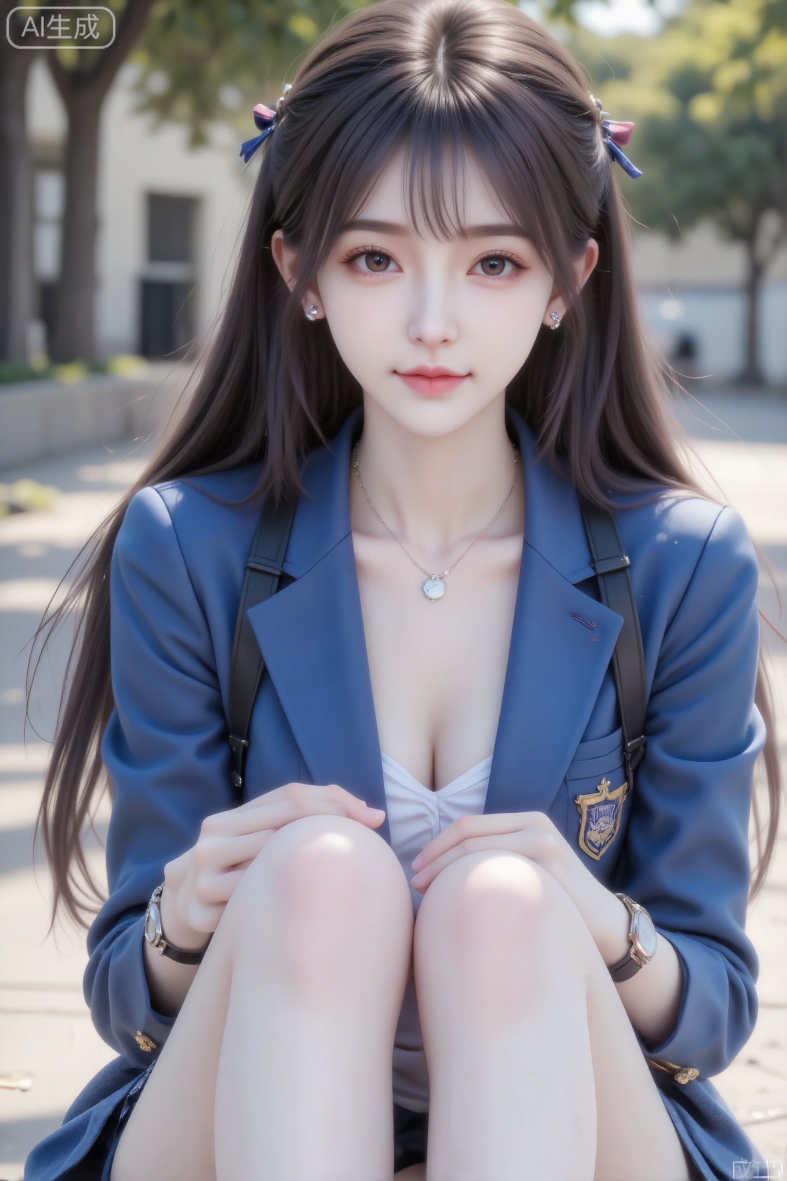 杰作级画质,顶级图像精度,超高清细节渲染,单人女性角色,（紫色亮丽的长发：1.4）,（比例优越的纤细长腿：1.3）,（肌肤白皙光滑的匀称美腿：1.4）,（挺拔饱满的D 罩杯曲线：1.4）,（精致立体的美颜五官：1.4）,美颜全开,光滑油亮的皮肤,水嫩的肌肤,一个女孩,紫色头发,
一张数码相机展示屏截图,18岁美少女,真人,绝美,长发,校园场景,斑驳树影,颗粒感,漏光,,表情可爱黑长直深色长发系带束缚,年轻娇小,发丝呈现出自然的蓬松感与垂坠感,长发散落于肩头两侧,几缕发丝拂面,冷白皮气质美女,纯欲风,皮肤白皙,偶像气质,fairskin,光滑,水润质感,陶醉,,打光不均匀造成的轻微曝光过度,做可爱表情,眉清目秀,初恋感,表情自然松弛慵懒休闲,眼神很自然不失真,完美身材,皮肤质感白嫩清透,甜美女生,纯欲内搭。完美贴合身形；整体风格简约大气,又因修身剪裁,俏皮灵动,嫩白皙柔滑,氛围感,故事感,视觉冲击效果,高级感,动态感,,高颜值,打光不均匀造成的轻微曝光过度,做可爱表情,眉清目秀,初恋感,表情自然松弛慵懒休闲,眼神很自然不失真,完美身材,皮肤质感白嫩清透,甜美女生,完美贴合身形；整体风格简约大气,又因修身剪裁,俏皮灵动,嫩白皙柔滑,氛围感,故事感,视觉冲击效果,高级感,动态感,32K,大师杰作。梦幻,冷白皮,必须身材完美,肌肤雪白有光泽。整体画面必须清新明亮干净。随机表情,随机的淡妆容,随机发型和颜色,随机的动作,随机的光影,随机角度,总体有很多的不确定性,但又好看,搭配又很合理,最高等级画质,CCD拍摄,情绪片,极简风,唯美迷人,优雅气质,偶像气质,高级感,三庭五眼,瓜子脸,清纯,日常快照风格高质量图像,展现冰瓷玉肌冷白皮绝世美人,8K,外搭蓝色校服外套,,采用广角镜头（如24mm）,整体氛围自然松弛慵懒又随性,烘托女生主体。照片感染力,故事感,最高等级画质,美颜全开,强烈阳光照在上身,身材完美,戴耳钉,戴手表,戴项链,莫兰迪配色,高颜值,做可爱表情,眉清目秀,初恋感,眼神很自然不失真,曲线身材,皮肤质感白嫩清透,甜美女生,完美贴合身形；整体风格简约大气,又因修身剪裁,俏皮灵动,嫩白皙柔滑,氛围感,故事感,视觉冲击效果。整体画面必须清新明亮干净。