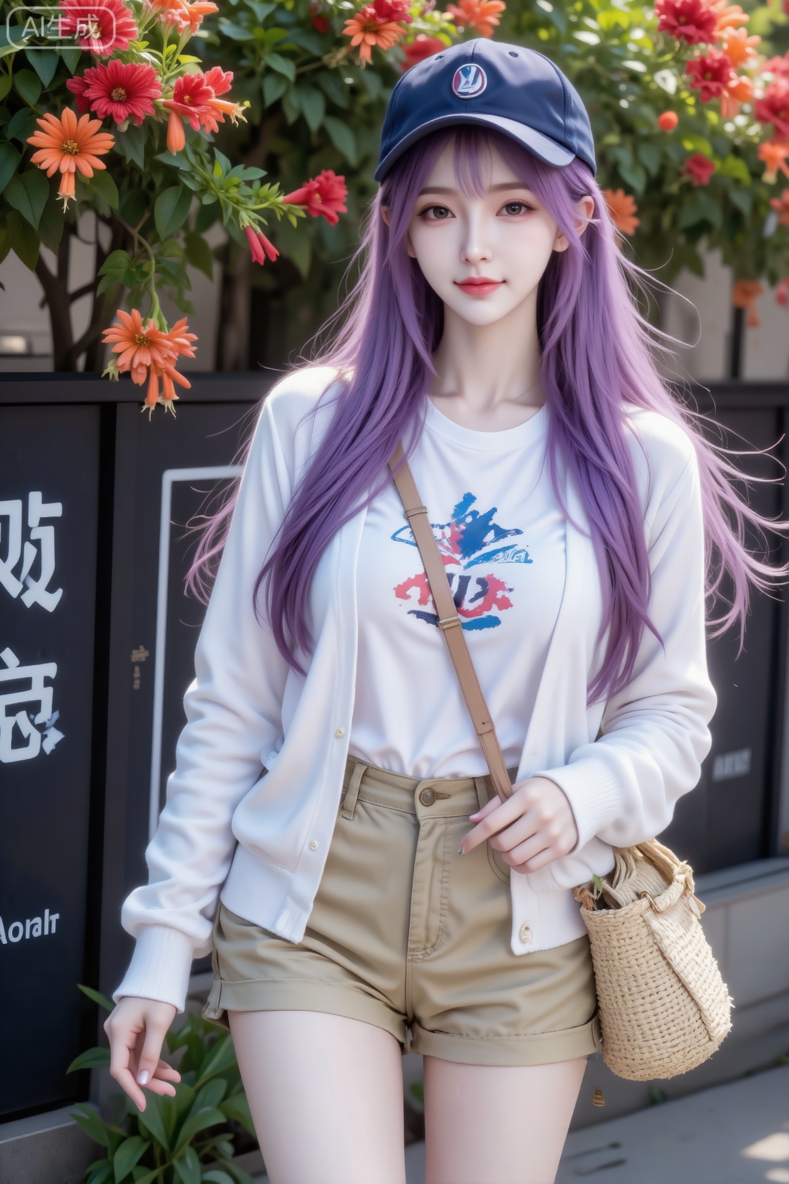 杰作级画质,顶级图像精度,超高清细节渲染,单人女性角色,（紫色亮丽的长发：1.4）,（比例优越的纤细长腿：1.3）,（肌肤白皙光滑的匀称美腿：1.4）,（挺拔饱满的D 罩杯曲线：1.4）,（精致立体的美颜五官：1.4）,美颜全开,光滑油亮的皮肤,水嫩的肌肤,一个女孩,紫色头发,
真实摄影,紫色长发,佩戴深蓝色棒球帽,穿着白色印字T恤、白色开衫、卡其色短裤,挎着草编包；正面站在开满红橙花朵的植物下,背景有写有黑色招牌,整体风格清新休闲,充满夏日街头的活力氛围,倾斜构图,（电影级面光：1.6）,（光线追踪：1.5）,（冷白皮漫感质感的光滑皮肤：1.7）,（人物有最好的骨相：1.2）,（网感脸：1.6）,（网感妆：1.6）身材完美,莫兰迪配色,高颜值网红,INS风,幼态脸,19岁女生尖下巴,三庭五眼比例均衡,身材娇小,细腻陶瓷水嫩肌肤,偏冷白皮,随机的妆容,随机的饰品,随机的动作,侧光,发丝轻飘,凌乱,随机角度拍摄,总体有很多的不确定性,但又好看,
风格甜美少女系,氛围慵懒俏皮,东方美女,黑长直,年轻娇小,发丝呈现出自然的蓬松感与垂坠感,长发散落于肩头两侧,冷白皮气质美女,纯欲风,皮肤白皙,偶像气质,fairskin,气质的江南美女子,有点甜美,皮肤美白透亮,表情可爱,甜美氛围,细腻笔触,独特韵味的美,可爱表情