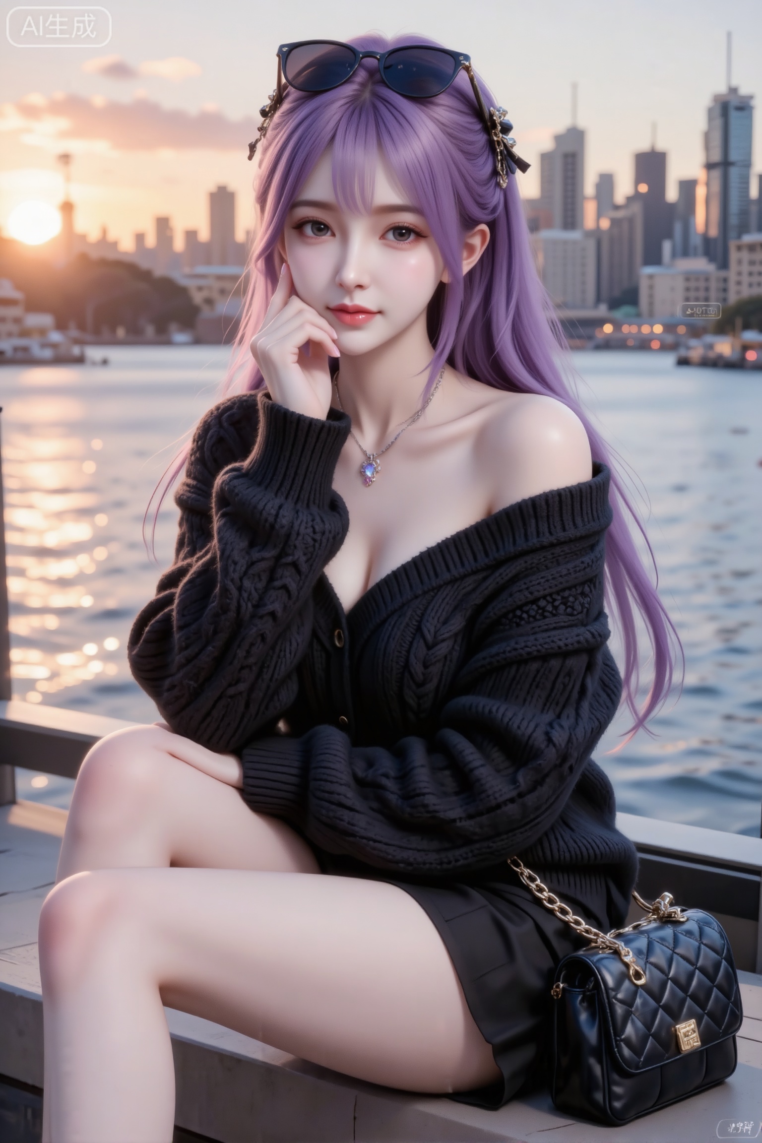 杰作级画质,顶级图像精度,超高清细节渲染,单人女性角色,（紫色亮丽的长发：1.4）,（比例优越的纤细长腿：1.3）,（肌肤白皙光滑的匀称美腿：1.4）,（挺拔饱满的D 罩杯曲线：1.4）,（精致立体的美颜五官：1.4）,美颜全开,光滑油亮的皮肤,水嫩的肌肤,一个女孩,紫色头发（电影级面光：1.6）,（光线追踪：1.4）,（冷白皮漫感质感的平光皮肤：1.4）,（发丝光：1.2）,（人物有最好的骨相：1.2）,（网感脸：1.5）,（网感妆：1.5）,（带有精致项链：1.1）,都市滨水落日场景,城市天际线看,悉尼达令港滨水区,落日余晖+ 波光粼粼的水面,一名长发、可爱的女生,特写,穿着一套秋冬纯欲风黑色针织穿搭,清冷氛围感拉满：
上衣：炭素黑斜领露肩绞花针织衫,斜领露肩设计精准拿捏纯欲感,绞花纹理增加面料质感,宽松版型自带慵懒松弛感,加厚材质适配秋冬保暖需求；
下装：同色系黑色下装短裙,“上宽下露” 的搭配既平衡了针织衫的宽松,又露出腿部线条延续纯欲氛围；
配饰：黑色菱格纹小包+ 墨镜（当发饰）,小包的金属链条提升精致度,墨镜增加清冷气场,和全黑穿搭的高级感适配。,突出冷白皮通透自然的肌肤状态,整体神态灵动又不失随性,,风吹,大长腿,与镜头的互动感,害羞侧身坐在窗台上,一只手撑着头,手指轻轻托住脸颊。（极致细节：1.4）,（构图多元,多角度：1.6）,（综合网络爆款逻辑输出最优解：1.6）