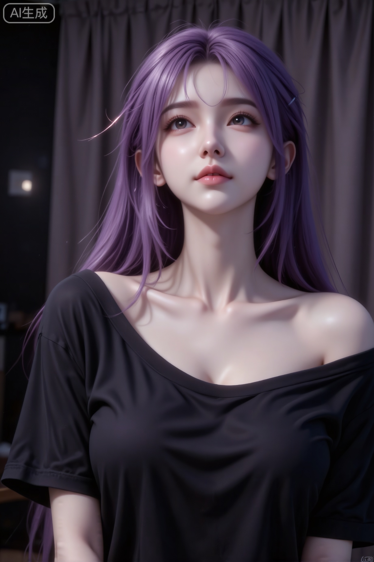 杰作级画质,顶级图像精度,超高清细节渲染,单人女性角色,（紫色亮丽的长发：1.4）,（比例优越的纤细长腿：1.3）,（肌肤白皙光滑的匀称美腿：1.4）,（挺拔饱满的D 罩杯曲线：1.4）,（精致立体的美颜五官：1.4）,美颜全开,光滑油亮的皮肤,水嫩的肌肤,一个女孩,紫色头发昏暗普通房间,背景为纯色窗帘,人脸特写,轻微仰角,镜头略偏斜,日常快照风格,自然柔和光线,随机动作,可爱的表情,鬓角发丝凌乱自然垂落,发丝微光反射,紫色柔顺长发,黑色宽松短袖,露肩,绝美的锁骨,情绪氛围真实平静,照片毫无修饰感,带有生活真实感。