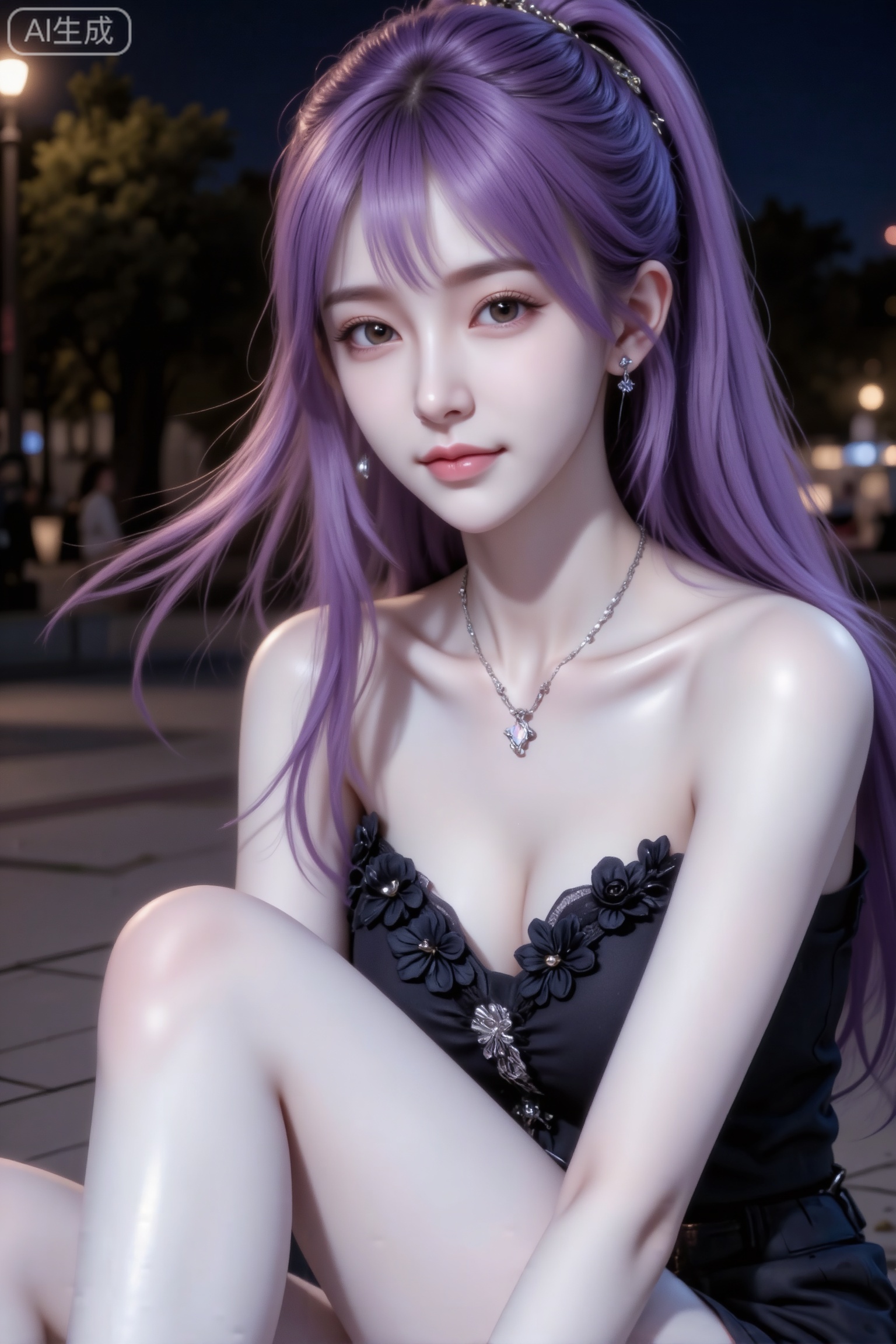 杰作级画质,顶级图像精度,超高清细节渲染,单人女性角色,（紫色亮丽的长发：1.4）,（比例优越的纤细长腿：1.3）,（肌肤白皙光滑的匀称美腿：1.4）,（挺拔饱满的D 罩杯曲线：1.4）,（精致立体的美颜五官：1.4）,美颜全开,光滑油亮的皮肤,水嫩的肌肤,一个女孩,紫色头发漂亮女生,19岁网红女,冷白皮。皮肤白皙,淡豆沙杏色唇色,紫色长发（被风吹动,黑色带立体花朵装饰的上衣,银色耳钉,银色细链项链（带小吊坠）夜晚户外广场背景、、树木、昏暗的环境）给皮肤镀上一层清透的质感,带着“夜间随拍”的网感,既日常又有氛围感,手机拍摄风格,古早滤镜,高马尾,姿态慵懒,中景,冷白皮,甜美女生,完美贴合身形；整体风格简约大气,又因修身剪裁,俏皮灵动,嫩白皙柔滑,氛围感,故事感,视觉冲击效果,高级感,动态感,32K,大师杰作。原创,水光肌冷白皮,露双肩身材完美,肌肤雪白有光泽。俏皮可爱的随机表情,细腻陶瓷,嫩肌肤,偏冷白皮,随机的妆容,随机发型和颜色,随机的动作,随机的光影,随机角度拍摄,总体有很多的不确定性,但又好看,搭配又很合理,最高等级画质,IHD,美颜全开,极简风,纯欲风,挺拔饱满,熬人身材,唯美迷人,优雅气质,高级感,三庭五眼,瓜子脸,清纯,以专业人像摄影风格呈现。必须显身材,动作表情自然松弛,阳光很好。乖巧大方（电影级面光：1.6）,（光线追踪：1.1）,（发丝光：1.5）,（极致细节：1.8）,（构图多样、角度多变：1.5）