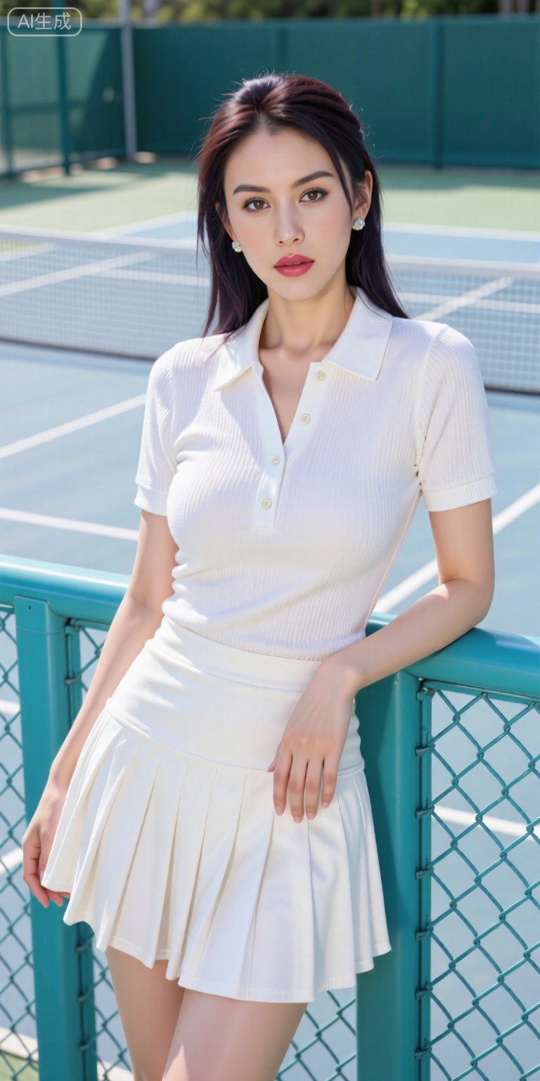 A high-fashion editorial portrait of a model in a minimalist all-white pleated tennis skirt and a technical knit polo. She is leaning against a teal blue tennis court fence. Soft morning sunlight, clean geometric lines of the court in the background. High-key lighting, pastel color palette, sophisticated and athletic aesthetic, professional lifestyle photography.