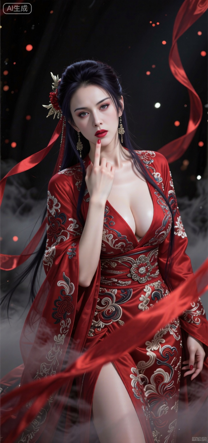 中式怪诞风格,不知火舞,红衣似燃,华丽繁复刺绣缠身,衣袂缀满暗纹奢华肌理,圣洁高傲又藏邪性,慈悲眼眸裹着清冷淡漠,悲天悯人却高高在上,脸部白皙水嫩细腻,底光斜打面部,镜头仰视、超广角强透视构图,斜眼睨视镜头,腼腆中藏着诱惑,单手伸向镜头勾勾手指,仿佛冲破画面桎梏,红色丝带在镜头前虚化借景,弥散粒子缠绕周身,浓雾弥散,诺兰电影色调+黑色基调,低饱和高对比,画笔厚涂肌理清晰,UE5渲染,8K超清,底光与侧光交织,明暗过渡自然,朦胧梦幻又具强烈压迫感,法天象地气场,宿命感拉满,大师级构图,电影级光影,兼具圣洁与邪性的中式怪诞意境,亮闪辉光点缀,细节极致逼真。