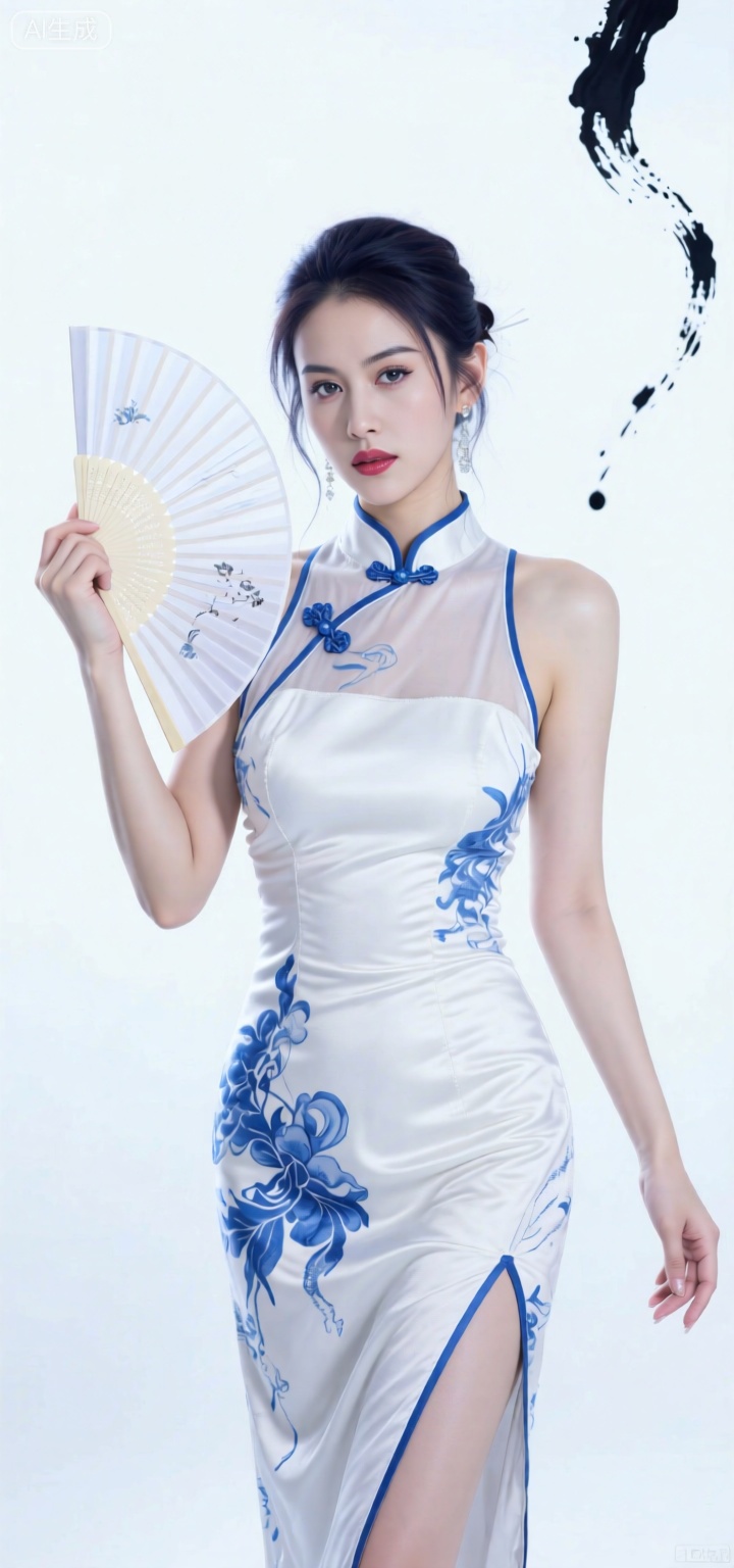 A beautiful fairy, with ice muscles and jade bones, a new Chinese-style improved chiffon tight-fitting cheongsam, with blue and white patterns on the cheongsam, holding a folding fan, free and easy, calligraphy ink floating in the air, white background as the background, charm and coldness coexist, the scene is full of strange tranquility and oppression, realistic photography style, 32k resolution, cold colors, new Chinese style simplicity, visual impact