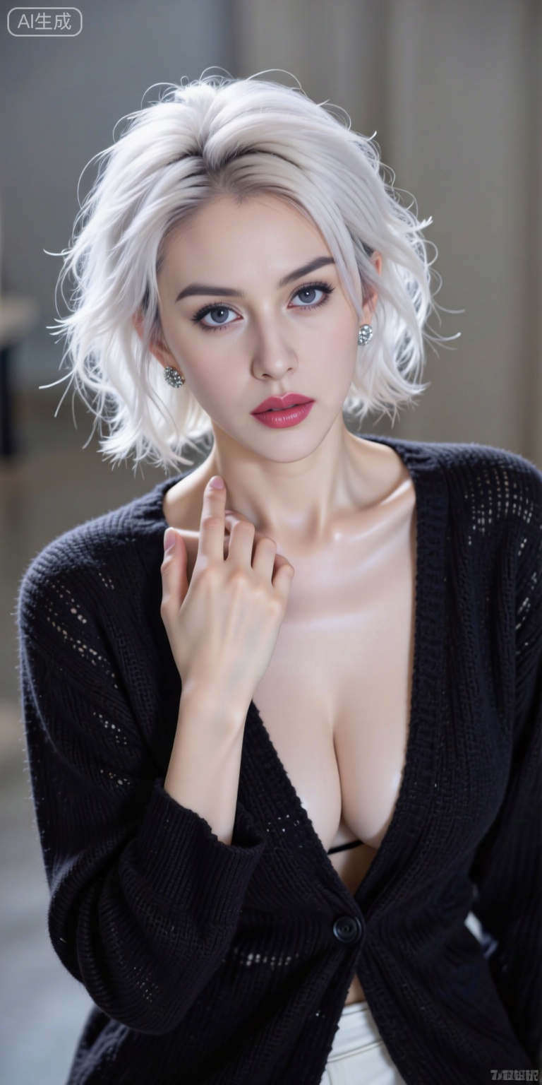 高冷御姐,意境,氛围,精致的五官,明亮的眼睛,高冷美女,晶莹剔透的嘴唇,白色短发,凌乱卷发,蛋卷头,修长的手指,高冷,意识流,美女御姐,冷白皮肤,黑灰色瞳孔,锁骨,轻薄的宽松淡黑色开衫针织外套有垂坠感,采用高角度视角,光线从侧上方照射,营造出朦胧、闪耀的氛围,高品质,画质清晰,高清,4K