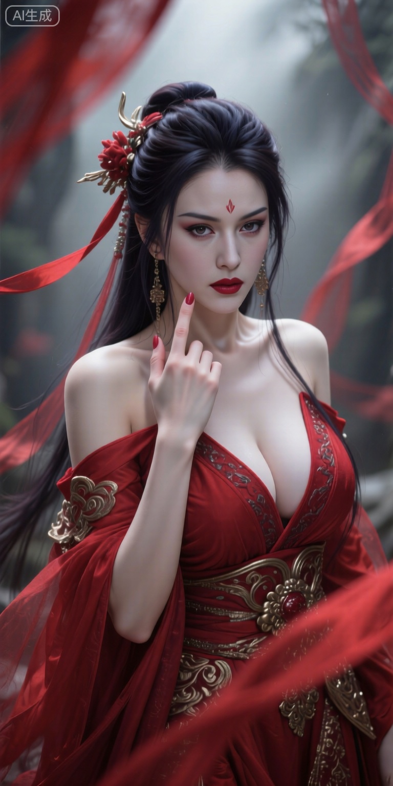 为中式怪诞风格。美丽而优雅神圣的不知火舞,红衣,慈悲中又有点邪性的,单手向着镜头勾勾手指,诱惑,仿佛伸出画面。脸部白皙皮肤光滑水嫩细腻,高雅的质感,斜眼看镜头,腼腆。飘渺神秘,红色丝带镜头前虚化借景,画笔厚涂,低饱和度,笔触纹理清晰,画面通过细腻的笔触和丰富的色彩层次塑造主体与场景,质感逼真,法天象地,表情高冷,服装华丽,复杂,奢华,唯美,充满压迫感,整体兼具艺术感,大透视,底光打在脸上,镜头仰视主体,悲天悯人,高高在上,圣洁高傲,清冷淡漠如梦如幻,氛围感。超广角强透视构图,张力十足,压迫感,细节生动完美。极其震撼的一幕,视觉冲击力强,光影彼此交织错杂的梦幻感,朦胧,明暗对比强烈,阴影过渡自然,电影级构图,视觉冲击,8K画质,超清,极致细节,清晰的线条,高对比,大师级别的作品。立体渲染,精细画笔,超细腻笔触,线条流畅,超清画质,完美品质,高质量,自适应饱和度,专业级打光,大师杰作,自由视角,阴影过渡自然,氛围感,高级感,意境,亮闪,唯美,宿命感拉满,弥散粒子,画面具有层次感。视觉冲击大,故事感,高级感,动态感。震撼,大师构图震撼人心。游戏感,强烈透视,震撼视觉,ue5渲染,命运史诗感,黑色风格,诺兰电影色调,浓雾,弥散,唯美辉光