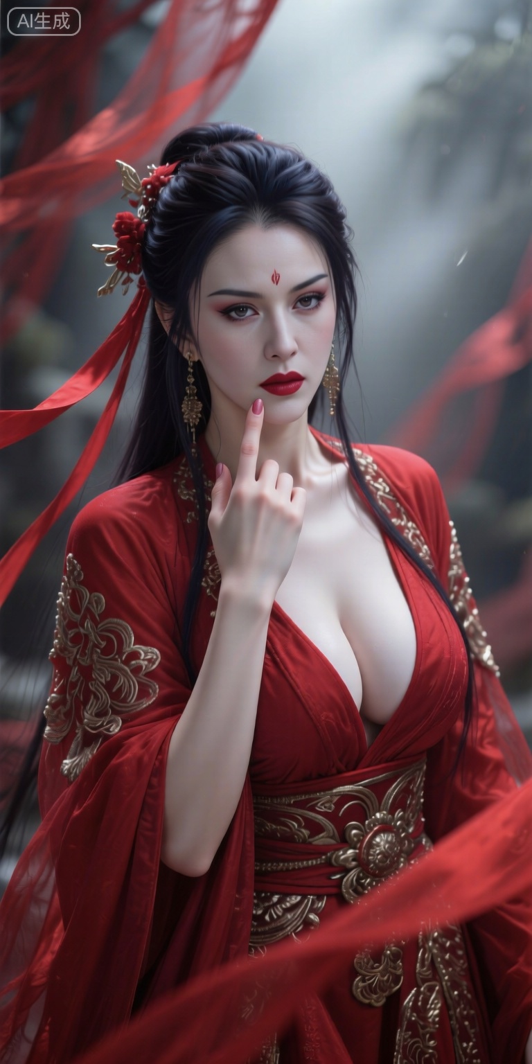 为中式怪诞风格。美丽而优雅神圣的不知火舞,红衣,慈悲中又有点邪性的,单手向着镜头勾勾手指,诱惑,仿佛伸出画面。脸部白皙皮肤光滑水嫩细腻,高雅的质感,斜眼看镜头,腼腆。飘渺神秘,红色丝带镜头前虚化借景,画笔厚涂,低饱和度,笔触纹理清晰,画面通过细腻的笔触和丰富的色彩层次塑造主体与场景,质感逼真,法天象地,表情高冷,服装华丽,复杂,奢华,唯美,充满压迫感,整体兼具艺术感,大透视,底光打在脸上,镜头仰视主体,悲天悯人,高高在上,圣洁高傲,清冷淡漠如梦如幻,氛围感。超广角强透视构图,张力十足,压迫感,细节生动完美。极其震撼的一幕,视觉冲击力强,光影彼此交织错杂的梦幻感,朦胧,明暗对比强烈,阴影过渡自然,电影级构图,视觉冲击,8K画质,超清,极致细节,清晰的线条,高对比,大师级别的作品。立体渲染,精细画笔,超细腻笔触,线条流畅,超清画质,完美品质,高质量,自适应饱和度,专业级打光,大师杰作,自由视角,阴影过渡自然,氛围感,高级感,意境,亮闪,唯美,宿命感拉满,弥散粒子,画面具有层次感。视觉冲击大,故事感,高级感,动态感。震撼,大师构图震撼人心。游戏感,强烈透视,震撼视觉,ue5渲染,命运史诗感,黑色风格,诺兰电影色调,浓雾,弥散,唯美辉光