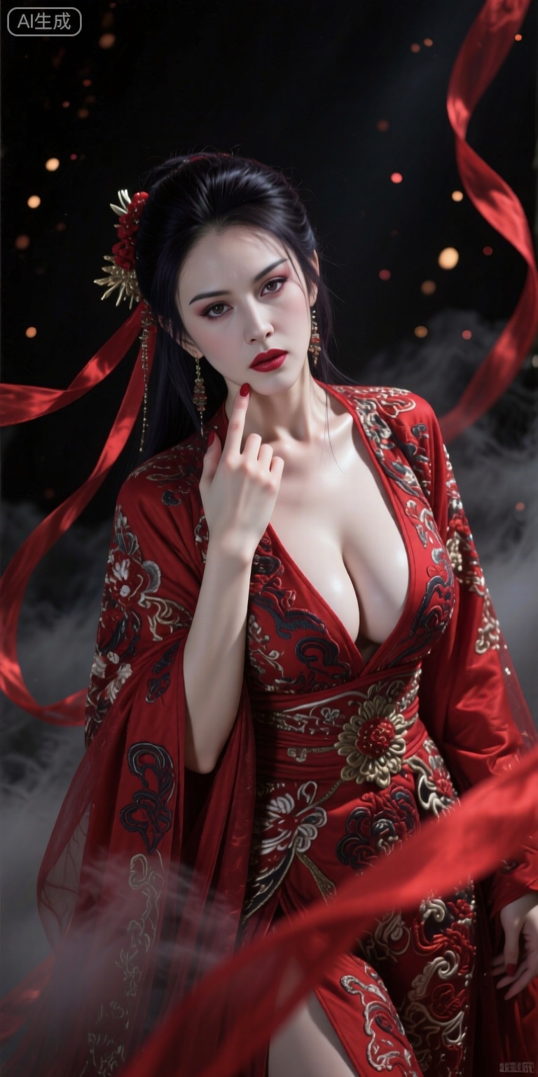 中式怪诞风格,不知火舞,红衣似燃,华丽繁复刺绣缠身,衣袂缀满暗纹奢华肌理,圣洁高傲又藏邪性,慈悲眼眸裹着清冷淡漠,悲天悯人却高高在上,脸部白皙水嫩细腻,底光斜打面部,镜头仰视、超广角强透视构图,斜眼睨视镜头,腼腆中藏着诱惑,单手伸向镜头勾勾手指,仿佛冲破画面桎梏,红色丝带在镜头前虚化借景,弥散粒子缠绕周身,浓雾弥散,诺兰电影色调+黑色基调,低饱和高对比,画笔厚涂肌理清晰,UE5渲染,8K超清,底光与侧光交织,明暗过渡自然,朦胧梦幻又具强烈压迫感,法天象地气场,宿命感拉满,大师级构图,电影级光影,兼具圣洁与邪性的中式怪诞意境,亮闪辉光点缀,细节极致逼真。