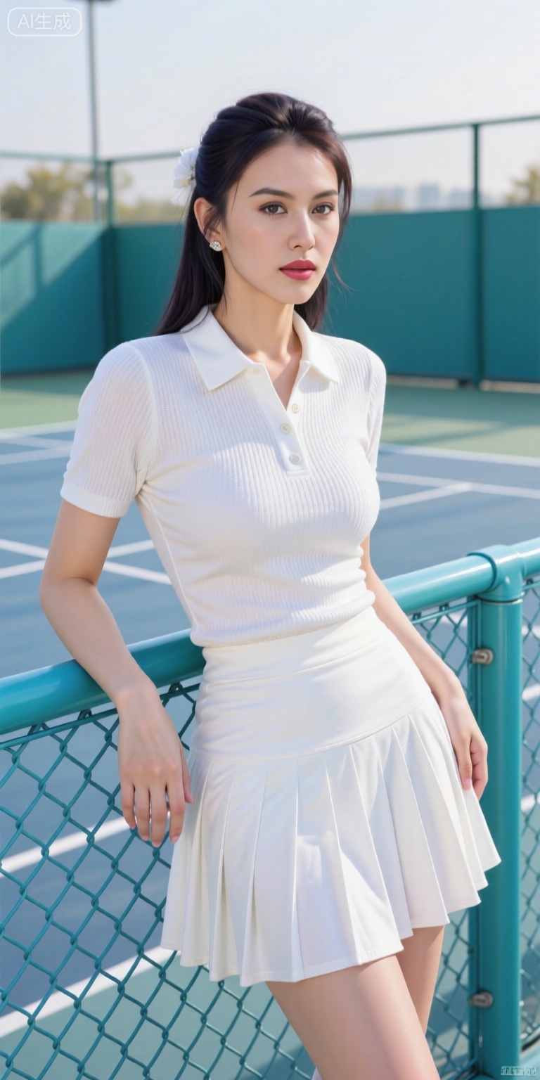 A high-fashion editorial portrait of a model in a minimalist all-white pleated tennis skirt and a technical knit polo. She is leaning against a teal blue tennis court fence. Soft morning sunlight, clean geometric lines of the court in the background. High-key lighting, pastel color palette, sophisticated and athletic aesthetic, professional lifestyle photography.