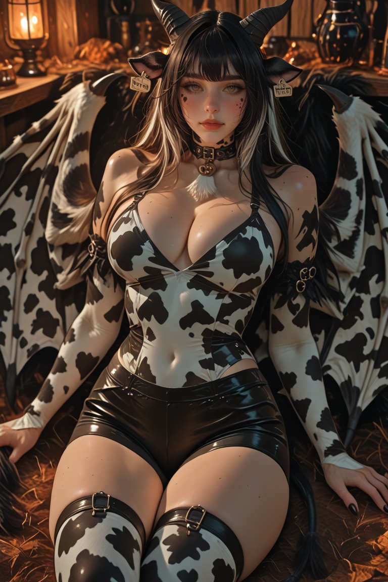 Bovara,  cow_print_gothic_dress,  black_bike_shorts on Tensor.Art