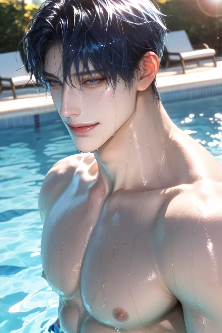 solo,  handsome male at swimming pool,  short messy hair on Tensor.Art