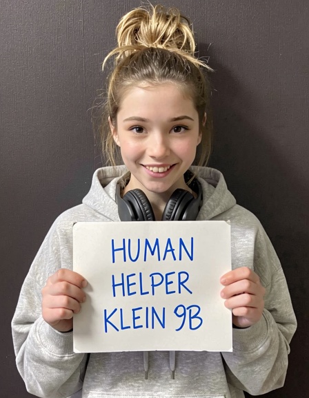 change the text to "Human Helper Klein 9B" ,  make her face happy,  change the background to dark wall on Tensor.Art