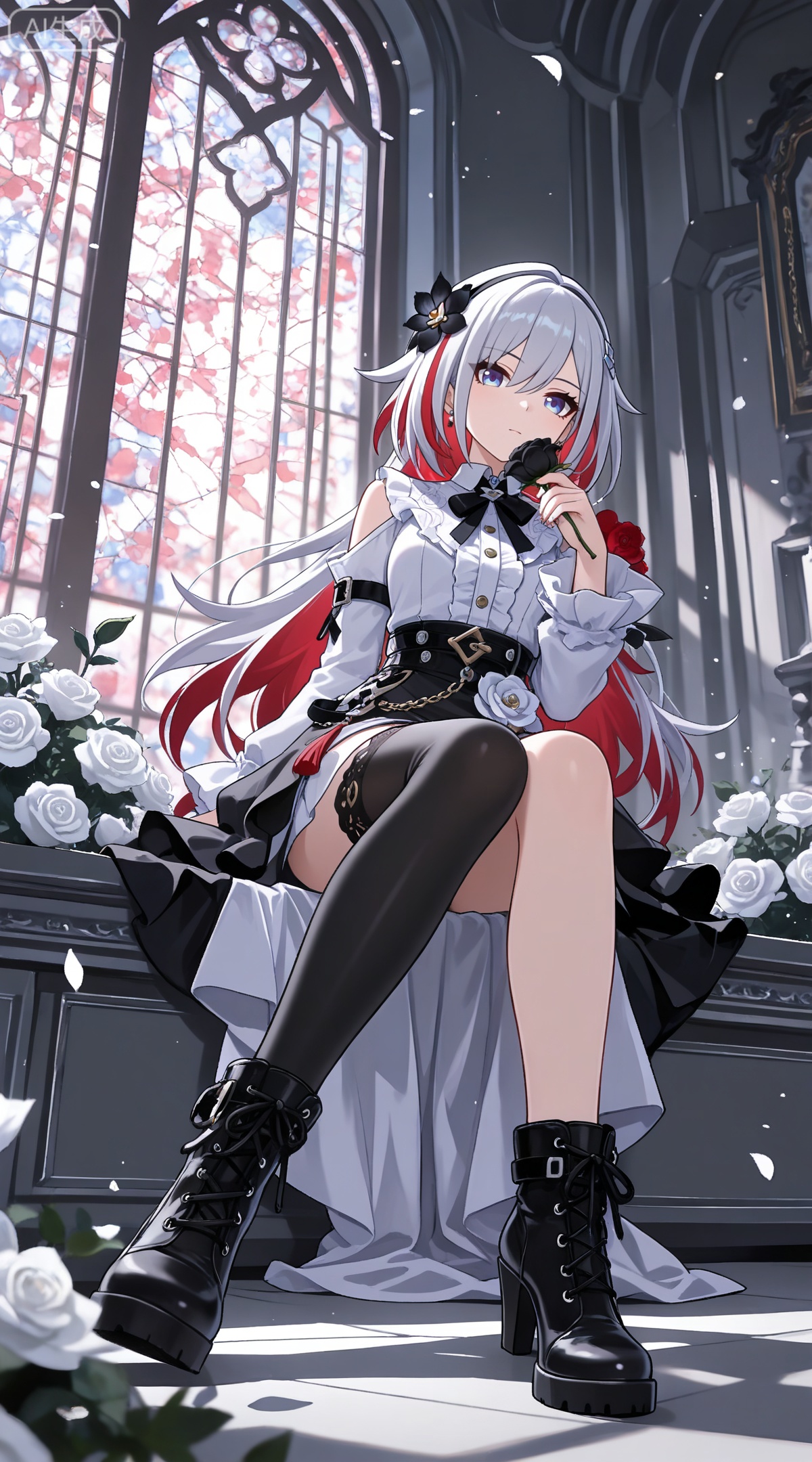 depth of field,masterpiece,best quality,very aesthetic,alternate costume,alternate costume,2024,2023,perfect composition,ultra-detailed,extreme aesthetic,masterpiece,best quality,good quality,newest,year 2024,year 2023,very aesthetic,absurdres,looking_at_viewer,colorful,
topaz \(honkai: star rail\), white hair, multicolored hair, colored inner hair, red hair, hair_ornament, two-tone hair, blue eyes,
1girl,flower,solo,breasts,thighhighs,hair flower,high heels,boots,sitting,rose,white flower,window,hair ornament,holding flower,black footwear,black thighhighs,high heel boots,single thighhigh,shirt,holding,white rose,looking at viewer,hairband,white shirt,frills,full body,black flower,
