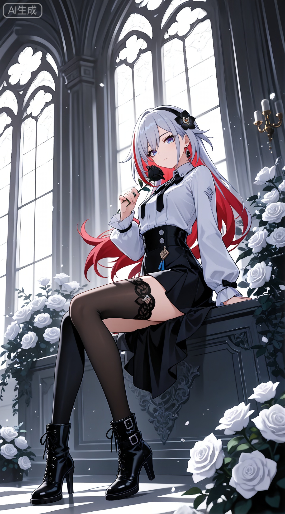 depth of field,masterpiece,best quality,very aesthetic,alternate costume,alternate costume,2024,2023,perfect composition,ultra-detailed,extreme aesthetic,masterpiece,best quality,good quality,newest,year 2024,year 2023,very aesthetic,absurdres,looking_at_viewer,colorful,
topaz \(honkai: star rail\), white hair, multicolored hair, colored inner hair, red hair, hair_ornament, two-tone hair, blue eyes,
1girl,flower,solo,breasts,thighhighs,hair flower,high heels,boots,sitting,rose,white flower,window,hair ornament,holding flower,black footwear,black thighhighs,high heel boots,single thighhigh,shirt,holding,white rose,looking at viewer,hairband,white shirt,frills,full body,black flower,
