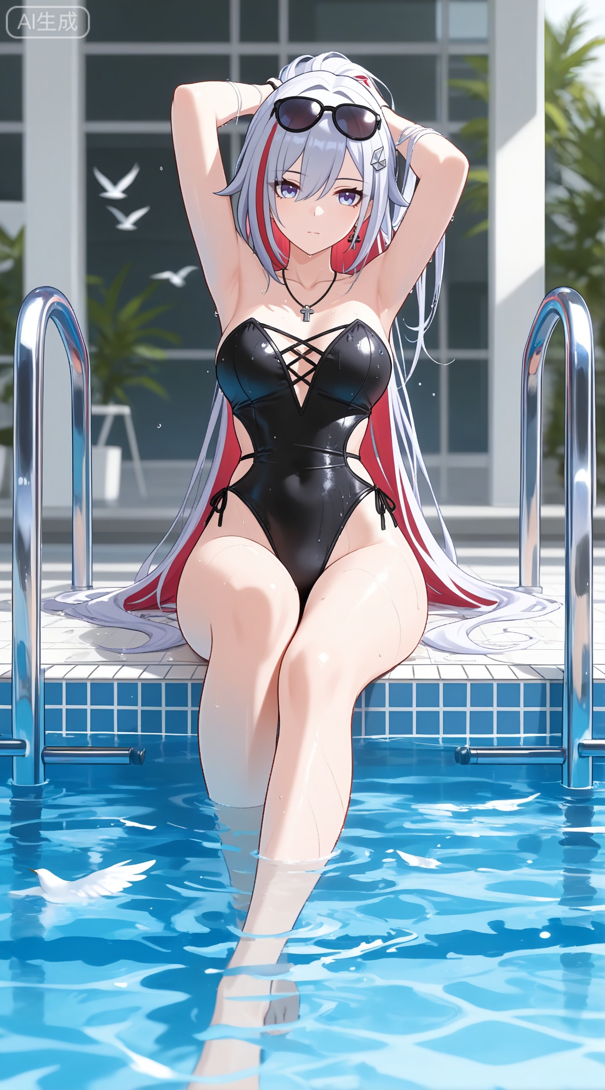 depth of field,masterpiece,best quality,very aesthetic,alternate costume,alternate costume,2024,2023,perfect composition,ultra-detailed,extreme aesthetic,masterpiece,best quality,good quality,newest,year 2024,year 2023,very aesthetic,absurdres,looking_at_viewer,colorful,
topaz \(honkai: star rail\), white hair, multicolored hair, colored inner hair, red hair, hair_ornament, two-tone hair, blue eyes,
1girl,breasts,swimsuit,one-piece swimsuit,official alternate costume,eyewear on head,solo,black one-piece swimsuit,looking at viewer,large breasts,very long hair,sitting,sunglasses,wet,see-through,bird,pool,water,thighs,cross,strapless one-piece swimsuit,highleg swimsuit,jewelry,soaking feet,tying hair,adjusting hair,arms up,transparent background,pool ladder,hand in own hair,hands in hair,arms behind head,poolside,casual one-piece swimsuit,wet clothes,earrings,highleg,white background,towel,full body,hair lift,sidelocks,necklace,21