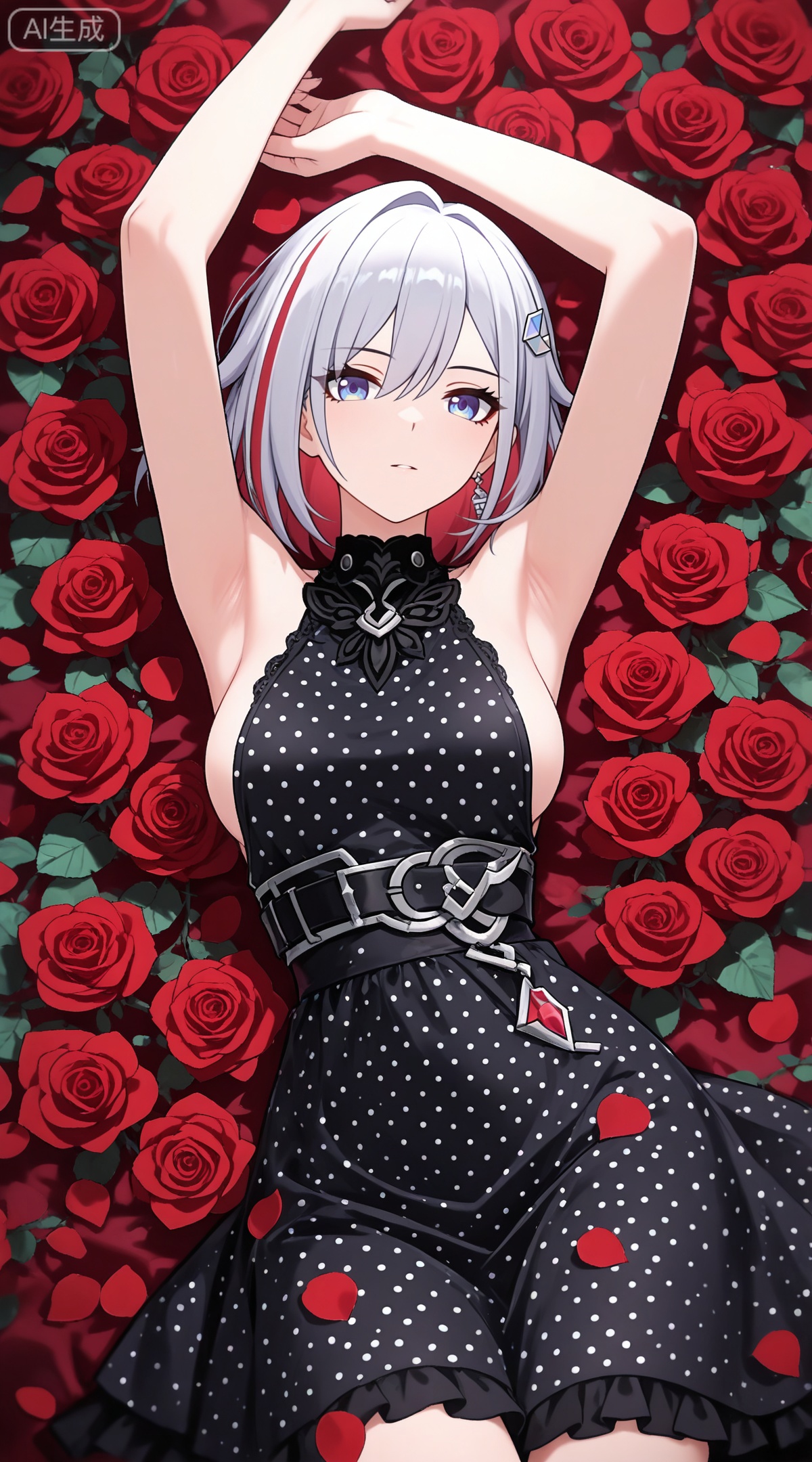 depth of field,masterpiece,best quality,very aesthetic,alternate costume,alternate costume,2024,2023,perfect composition,ultra-detailed,extreme aesthetic,masterpiece,best quality,good quality,newest,year 2024,year 2023,very aesthetic,absurdres,looking_at_viewer,colorful,
topaz \(honkai: star rail\), white hair, multicolored hair, colored inner hair, red hair, hair_ornament, two-tone hair, blue eyes,
1girl, breasts, solo, polka dot, flower, dress, rose, polka dot dress, large breasts, red flower, armpits, petals, red rose, arms up, sideboob, sleeveless, frills, rose petals,
