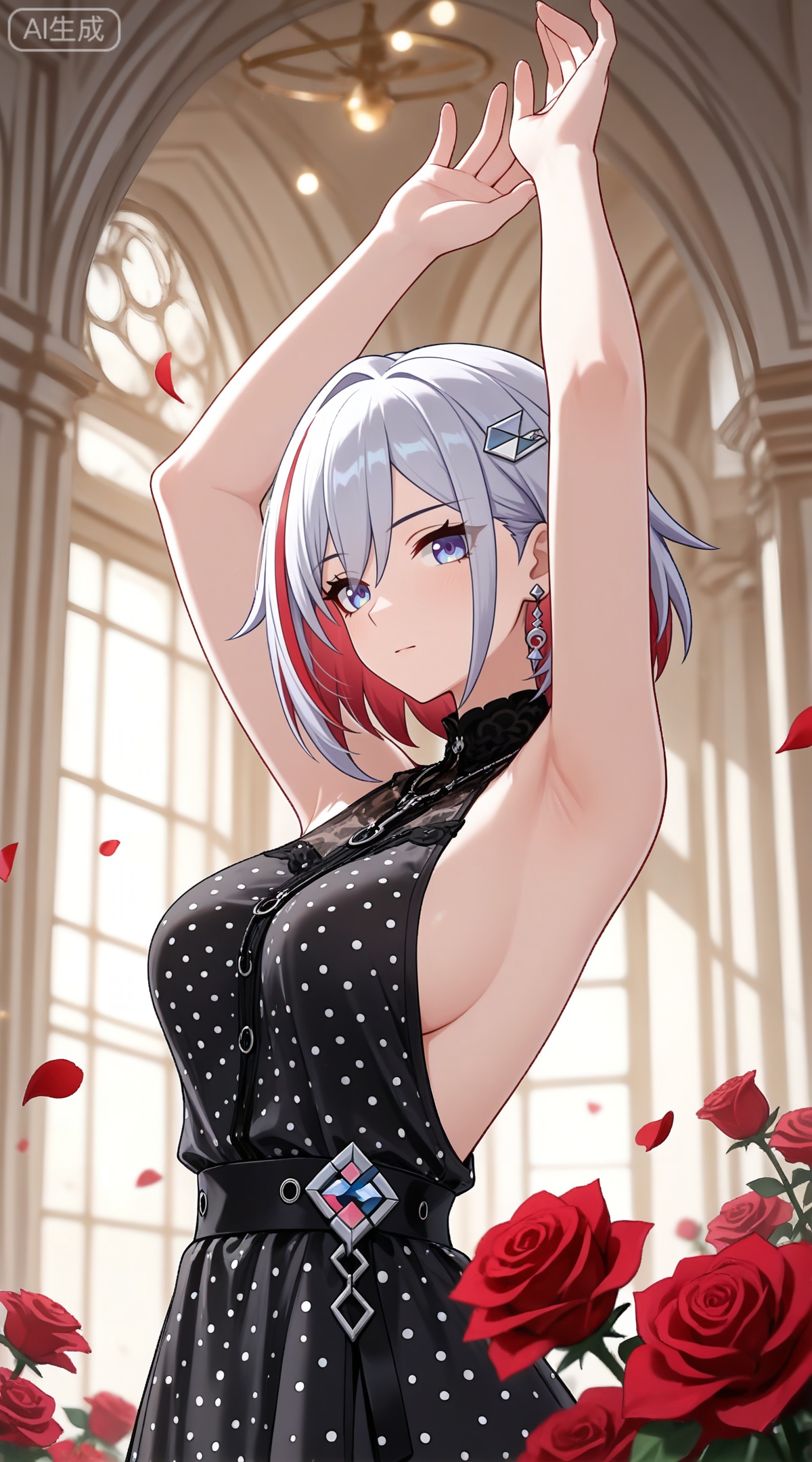 depth of field,masterpiece,best quality,very aesthetic,alternate costume,alternate costume,2024,2023,perfect composition,ultra-detailed,extreme aesthetic,masterpiece,best quality,good quality,newest,year 2024,year 2023,very aesthetic,absurdres,looking_at_viewer,colorful,
topaz \(honkai: star rail\), white hair, multicolored hair, colored inner hair, red hair, hair_ornament, two-tone hair, blue eyes,
1girl, breasts, solo, polka dot, flower, dress, rose, polka dot dress, large breasts, red flower, armpits, petals, red rose, arms up, sideboob, sleeveless, frills, rose petals,
