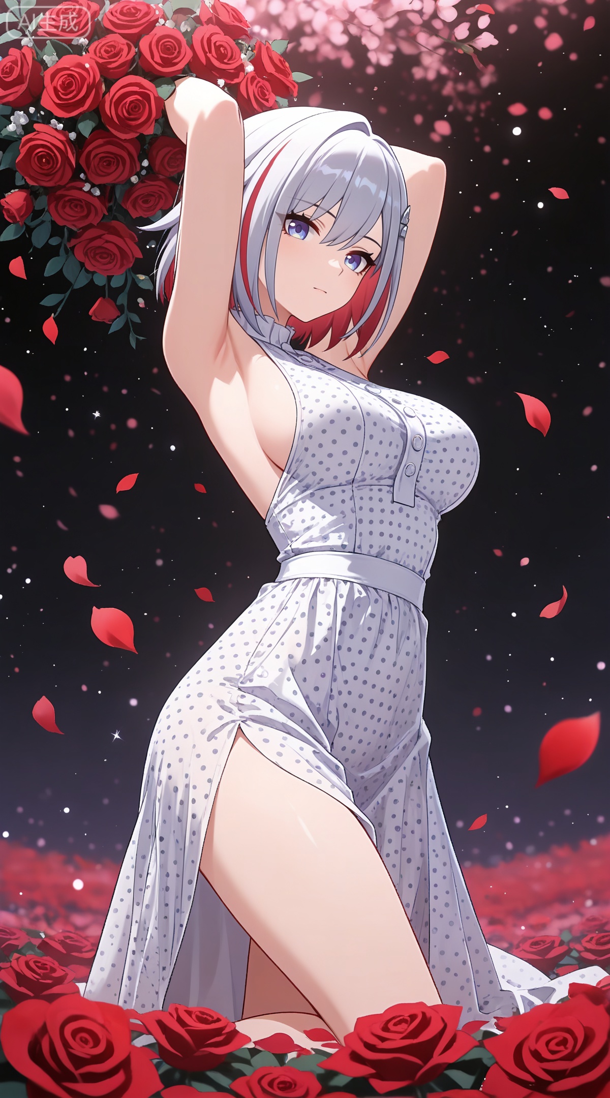 depth of field,masterpiece,best quality,very aesthetic,alternate costume,alternate costume,2024,2023,perfect composition,ultra-detailed,extreme aesthetic,masterpiece,best quality,good quality,newest,year 2024,year 2023,very aesthetic,absurdres,looking_at_viewer,colorful,
topaz \(honkai: star rail\), white hair, multicolored hair, colored inner hair, red hair, hair_ornament, two-tone hair, blue eyes,
1girl, breasts, solo, polka dot, flower, dress, rose, polka dot dress, large breasts, red flower, armpits, petals, red rose, arms up, sideboob, sleeveless, frills, rose petals,
