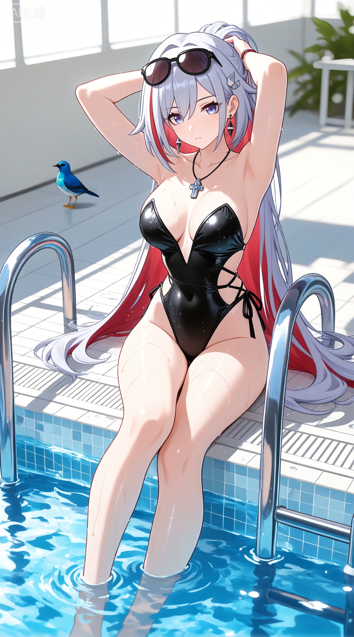 depth of field,masterpiece,best quality,very aesthetic,alternate costume,alternate costume,2024,2023,perfect composition,ultra-detailed,extreme aesthetic,masterpiece,best quality,good quality,newest,year 2024,year 2023,very aesthetic,absurdres,looking_at_viewer,colorful,
topaz \(honkai: star rail\), white hair, multicolored hair, colored inner hair, red hair, hair_ornament, two-tone hair, blue eyes,
1girl,breasts,swimsuit,one-piece swimsuit,official alternate costume,eyewear on head,solo,black one-piece swimsuit,looking at viewer,large breasts,very long hair,sitting,sunglasses,wet,see-through,bird,pool,water,thighs,cross,strapless one-piece swimsuit,highleg swimsuit,jewelry,soaking feet,tying hair,adjusting hair,arms up,transparent background,pool ladder,hand in own hair,hands in hair,arms behind head,poolside,casual one-piece swimsuit,wet clothes,earrings,highleg,white background,towel,full body,hair lift,sidelocks,necklace,21