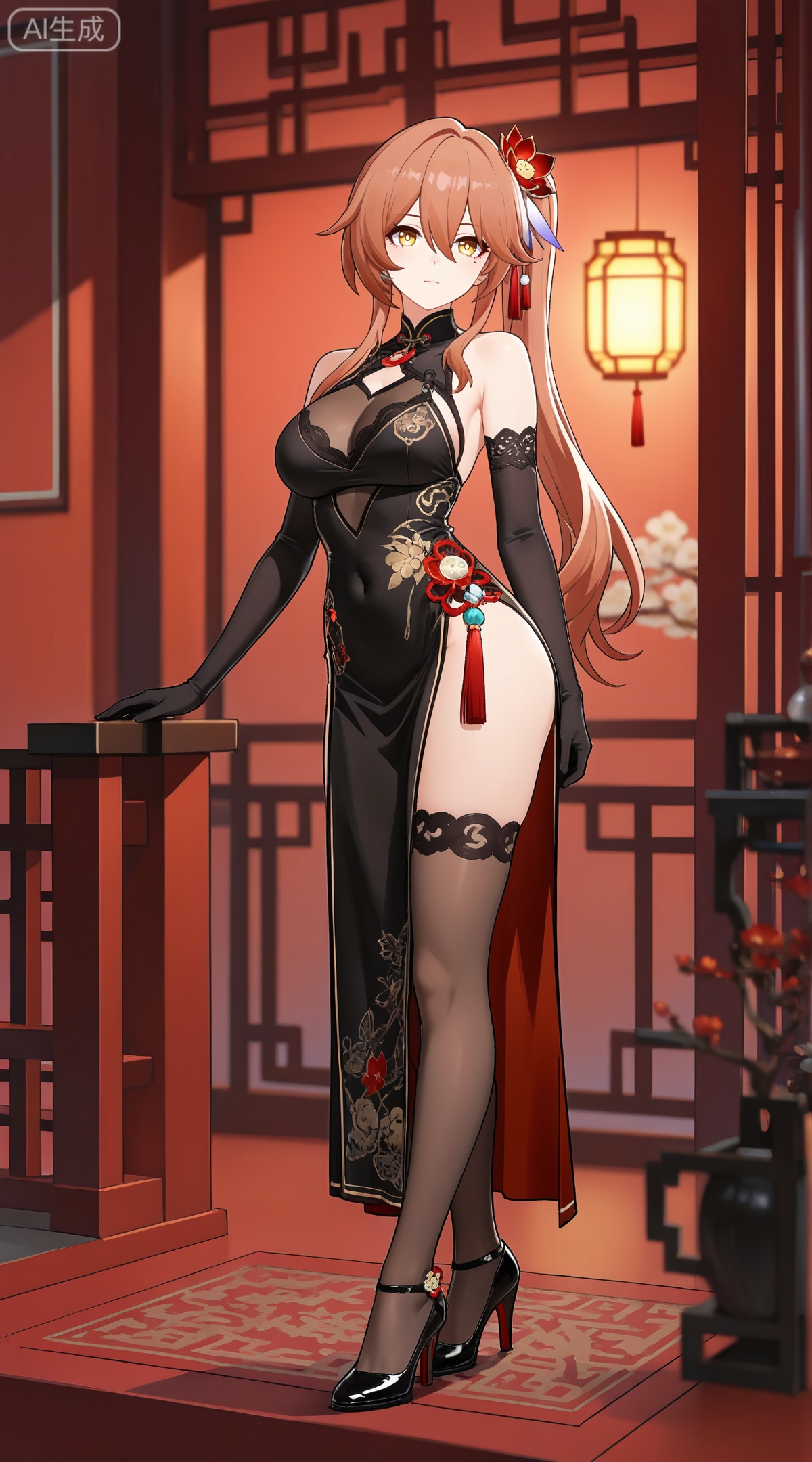 depth of field,masterpiece,best quality,very aesthetic,alternate costume,alternate costume,2024,2023,perfect composition,ultra-detailed,extreme aesthetic,masterpiece,best quality,good quality,newest,year 2024,year 2023,very aesthetic,absurdres,looking_at_viewer,colorful,
guinaifen \(honkai: star rail\), red hair, yellow eyes, long hair, orange hair, side ponytail, hair flower, hair between eyes, hair ornament,
1girl,breasts,solo,dress,gloves,large breasts,black dress,elbow gloves,full body,chinese clothes,black footwear,flower,bare shoulders,china dress,looking at viewer,official alternate costume,hair flower,high heels,standing,hair ornament,pelvic curtain,body_stocking,black gloves,cleavage,see-through,mole,lace-trimmed gloves,
