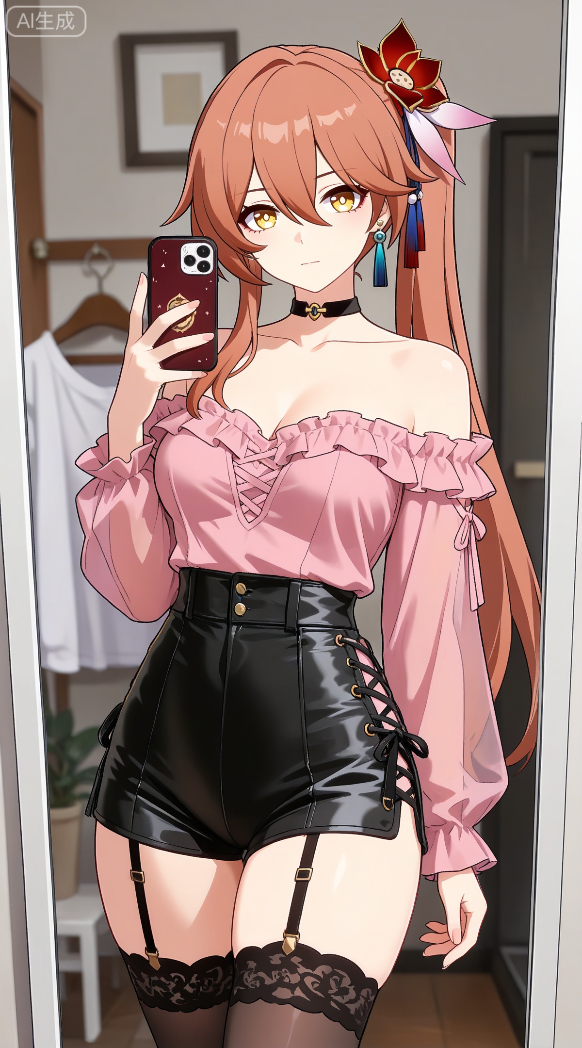 depth of field,masterpiece,best quality,very aesthetic,alternate costume,alternate costume,2024,2023,perfect composition,ultra-detailed,extreme aesthetic,masterpiece,best quality,good quality,newest,year 2024,year 2023,very aesthetic,absurdres,looking_at_viewer,colorful,
guinaifen \(honkai: star rail\), red hair, yellow eyes, long hair, orange hair, side ponytail, hair flower, hair between eyes, hair ornament,
1girl,breasts,jewelry,phone,earrings,thighhighs,choker,solo,cleavage,cellphone,black choker,holding phone,bare shoulders,holding,smartphone,shirt,garter straps,black thighhighs,off-shoulder shirt,leotard,frills,selfie,collarbone,off shoulder,pink shirt,long sleeves,cross-laced clothes,standing,clothes hanger,closed mouth,cowboy shot,high-waist shorts,thighs,indoors,large breasts,see-through,shorts,medium breasts,
