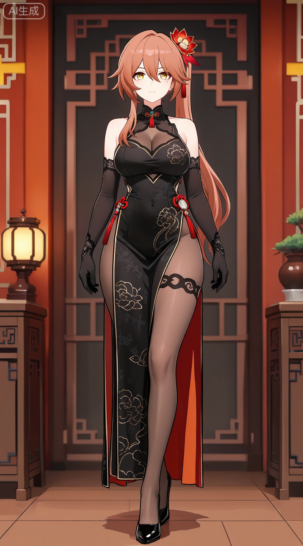 depth of field,masterpiece,best quality,very aesthetic,alternate costume,alternate costume,2024,2023,perfect composition,ultra-detailed,extreme aesthetic,masterpiece,best quality,good quality,newest,year 2024,year 2023,very aesthetic,absurdres,looking_at_viewer,colorful,
guinaifen \(honkai: star rail\), red hair, yellow eyes, long hair, orange hair, side ponytail, hair flower, hair between eyes, hair ornament,
1girl,breasts,solo,dress,gloves,large breasts,black dress,elbow gloves,full body,chinese clothes,black footwear,flower,bare shoulders,china dress,looking at viewer,official alternate costume,hair flower,high heels,standing,hair ornament,pelvic curtain,body_stocking,black gloves,cleavage,see-through,mole,lace-trimmed gloves,
