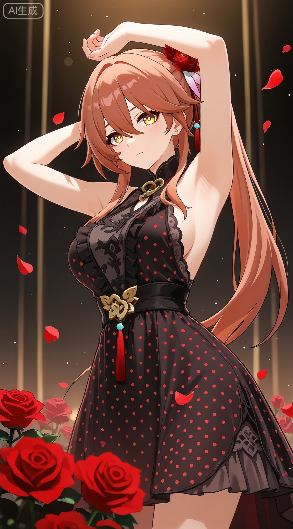 depth of field,masterpiece,best quality,very aesthetic,alternate costume,alternate costume,2024,2023,perfect composition,ultra-detailed,extreme aesthetic,masterpiece,best quality,good quality,newest,year 2024,year 2023,very aesthetic,absurdres,looking_at_viewer,colorful,
guinaifen \(honkai: star rail\), red hair, yellow eyes, long hair, orange hair, side ponytail, hair flower, hair between eyes, hair ornament,
1girl, breasts, solo, polka dot, flower, dress, rose, polka dot dress, large breasts, red flower, armpits, petals, red rose, arms up, sideboob, sleeveless, frills, rose petals,
