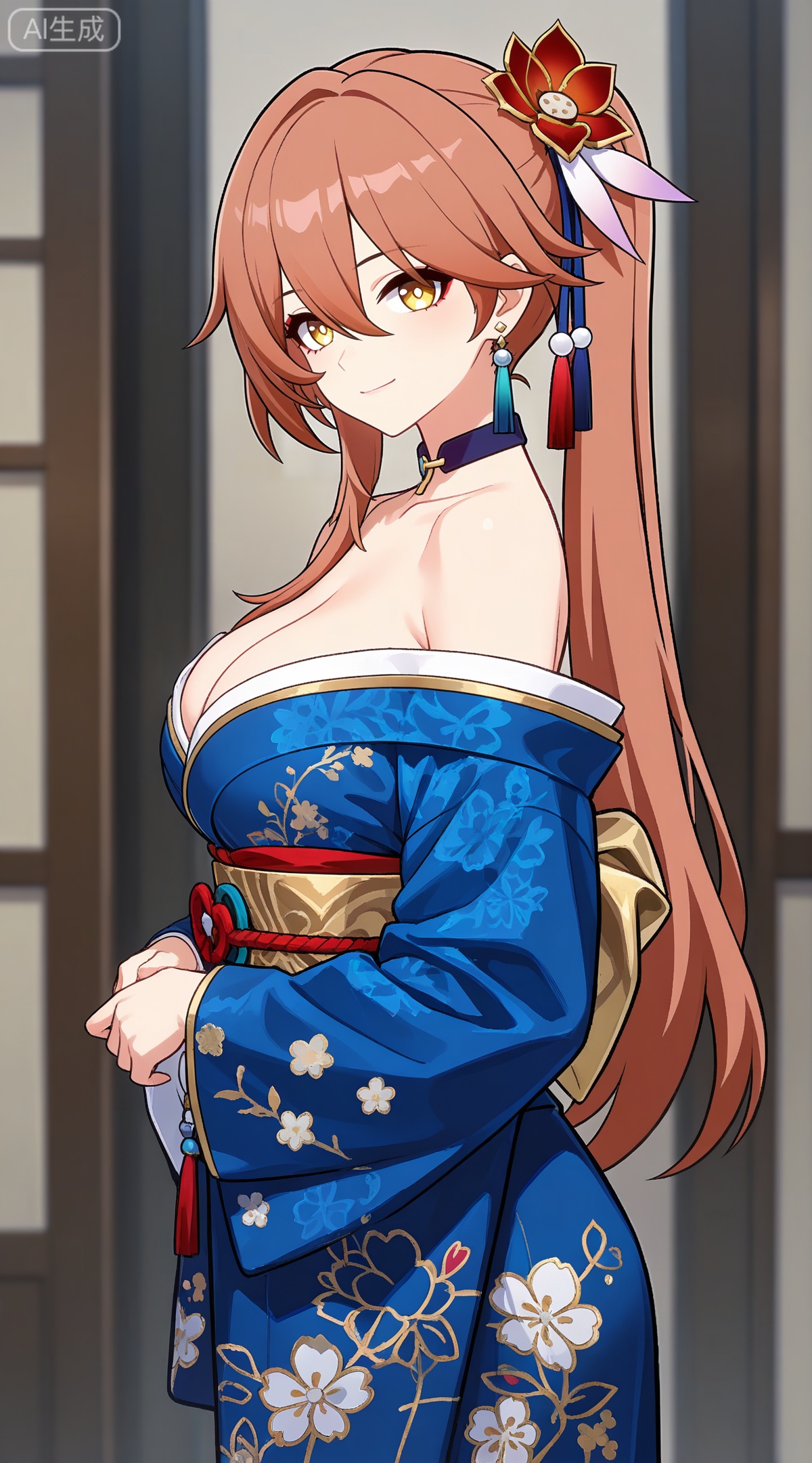 depth of field,masterpiece,best quality,very aesthetic,alternate costume,alternate costume,2024,2023,perfect composition,ultra-detailed,extreme aesthetic,masterpiece,best quality,good quality,newest,year 2024,year 2023,very aesthetic,absurdres,looking_at_viewer,colorful,
guinaifen \(honkai: star rail\), red hair, yellow eyes, long hair, orange hair, side ponytail, hair flower, hair between eyes, hair ornament,
1girl,breasts,solo,japanese clothes,hair ornament,kimono,flower,hair flower,sash,blue kimono,large breasts,choker,looking at viewer,cleavage,bare shoulders,obi,off shoulder,earrings,smile,jewelry,floral print,closed mouth,makeup,from side,long sleeves,
