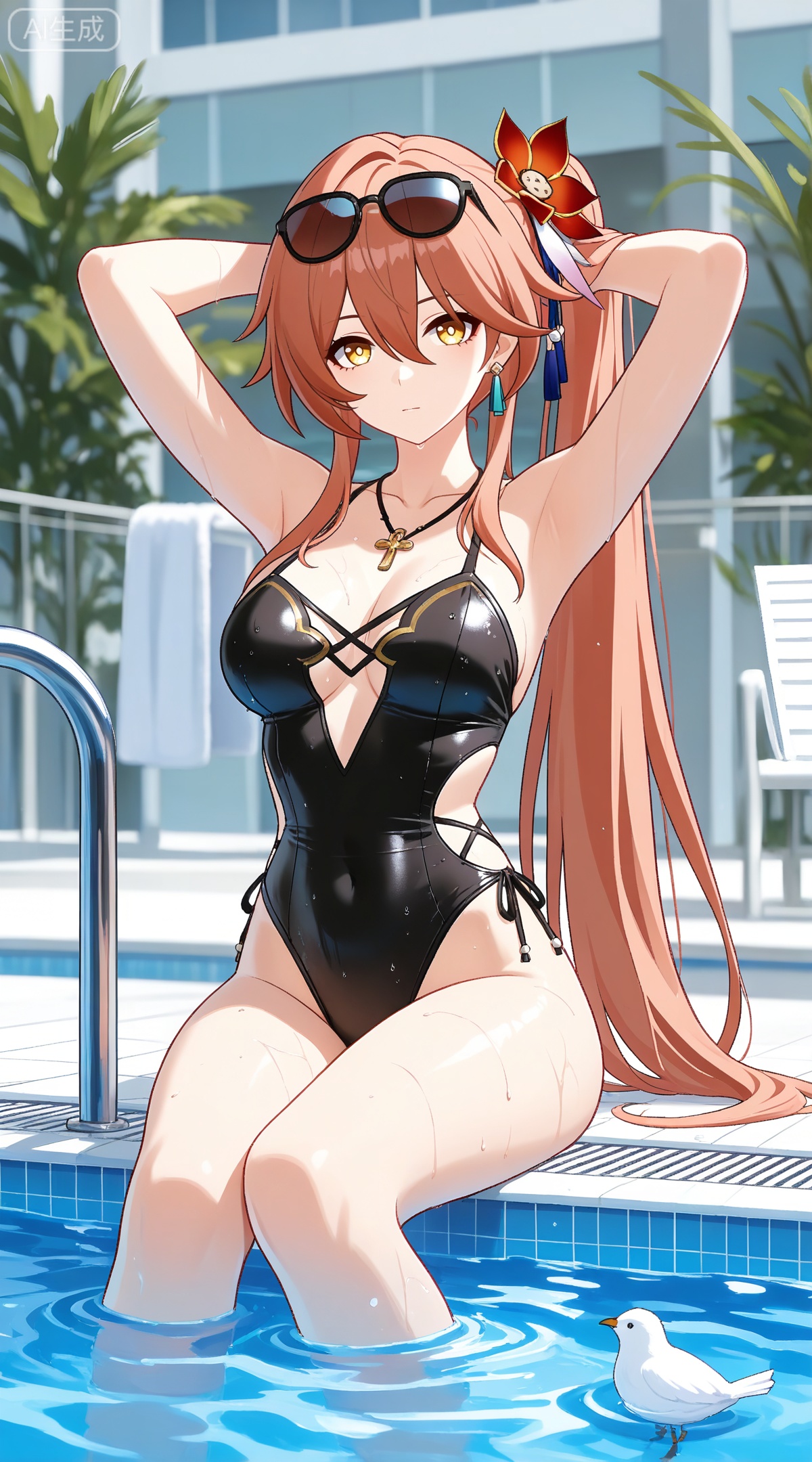 depth of field,masterpiece,best quality,very aesthetic,alternate costume,alternate costume,2024,2023,perfect composition,ultra-detailed,extreme aesthetic,masterpiece,best quality,good quality,newest,year 2024,year 2023,very aesthetic,absurdres,looking_at_viewer,colorful,
guinaifen \(honkai: star rail\), red hair, yellow eyes, long hair, orange hair, side ponytail, hair flower, hair between eyes, hair ornament,
1girl,breasts,swimsuit,one-piece swimsuit,official alternate costume,eyewear on head,solo,black one-piece swimsuit,looking at viewer,large breasts,very long hair,sitting,sunglasses,wet,see-through,bird,pool,water,thighs,cross,strapless one-piece swimsuit,highleg swimsuit,jewelry,soaking feet,tying hair,adjusting hair,arms up,transparent background,pool ladder,hand in own hair,hands in hair,arms behind head,poolside,casual one-piece swimsuit,wet clothes,earrings,highleg,white background,towel,full body,hair lift,sidelocks,necklace,21