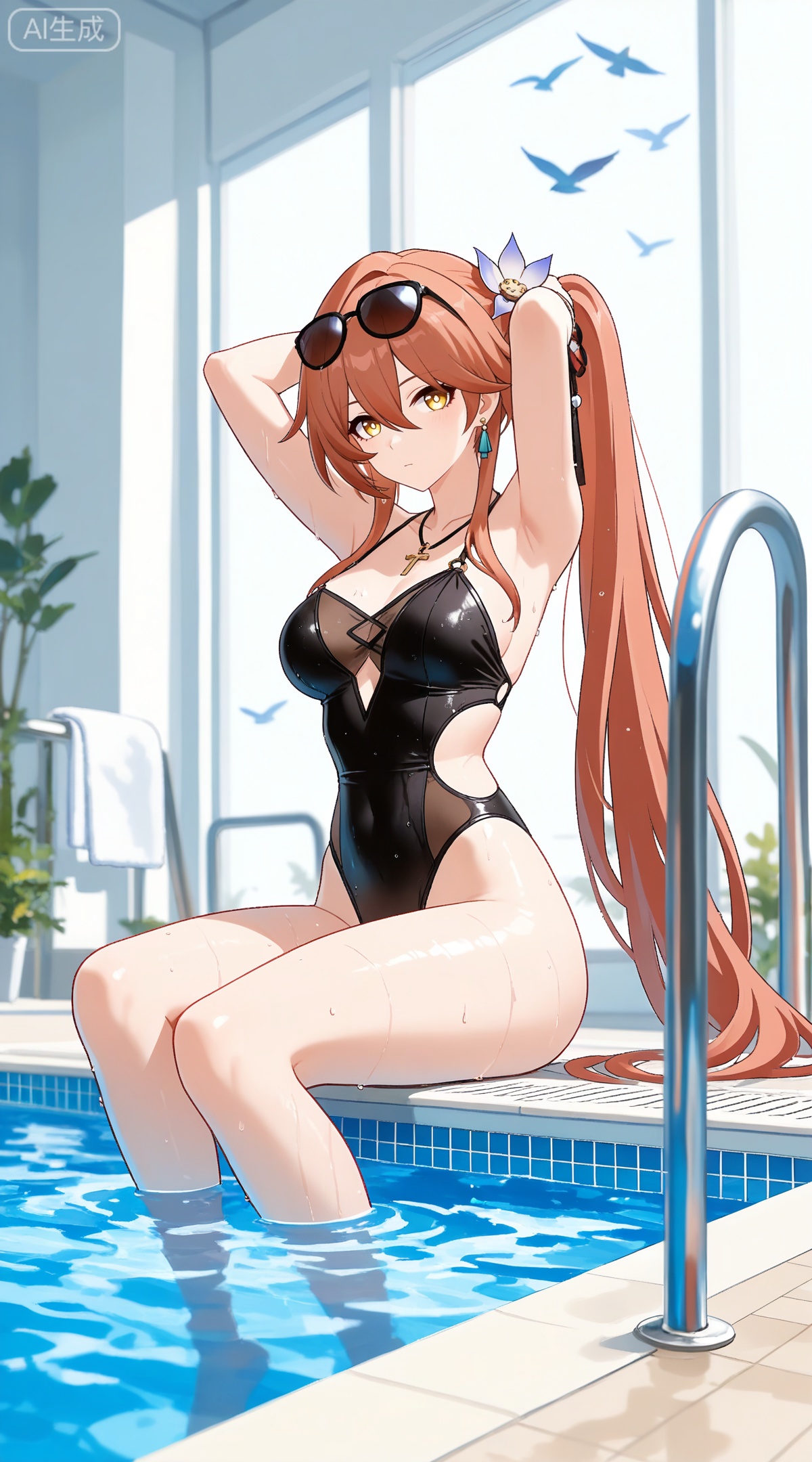 depth of field,masterpiece,best quality,very aesthetic,alternate costume,alternate costume,2024,2023,perfect composition,ultra-detailed,extreme aesthetic,masterpiece,best quality,good quality,newest,year 2024,year 2023,very aesthetic,absurdres,looking_at_viewer,colorful,
guinaifen \(honkai: star rail\), red hair, yellow eyes, long hair, orange hair, side ponytail, hair flower, hair between eyes, hair ornament,
1girl,breasts,swimsuit,one-piece swimsuit,official alternate costume,eyewear on head,solo,black one-piece swimsuit,looking at viewer,large breasts,very long hair,sitting,sunglasses,wet,see-through,bird,pool,water,thighs,cross,strapless one-piece swimsuit,highleg swimsuit,jewelry,soaking feet,tying hair,adjusting hair,arms up,transparent background,pool ladder,hand in own hair,hands in hair,arms behind head,poolside,casual one-piece swimsuit,wet clothes,earrings,highleg,white background,towel,full body,hair lift,sidelocks,necklace,21