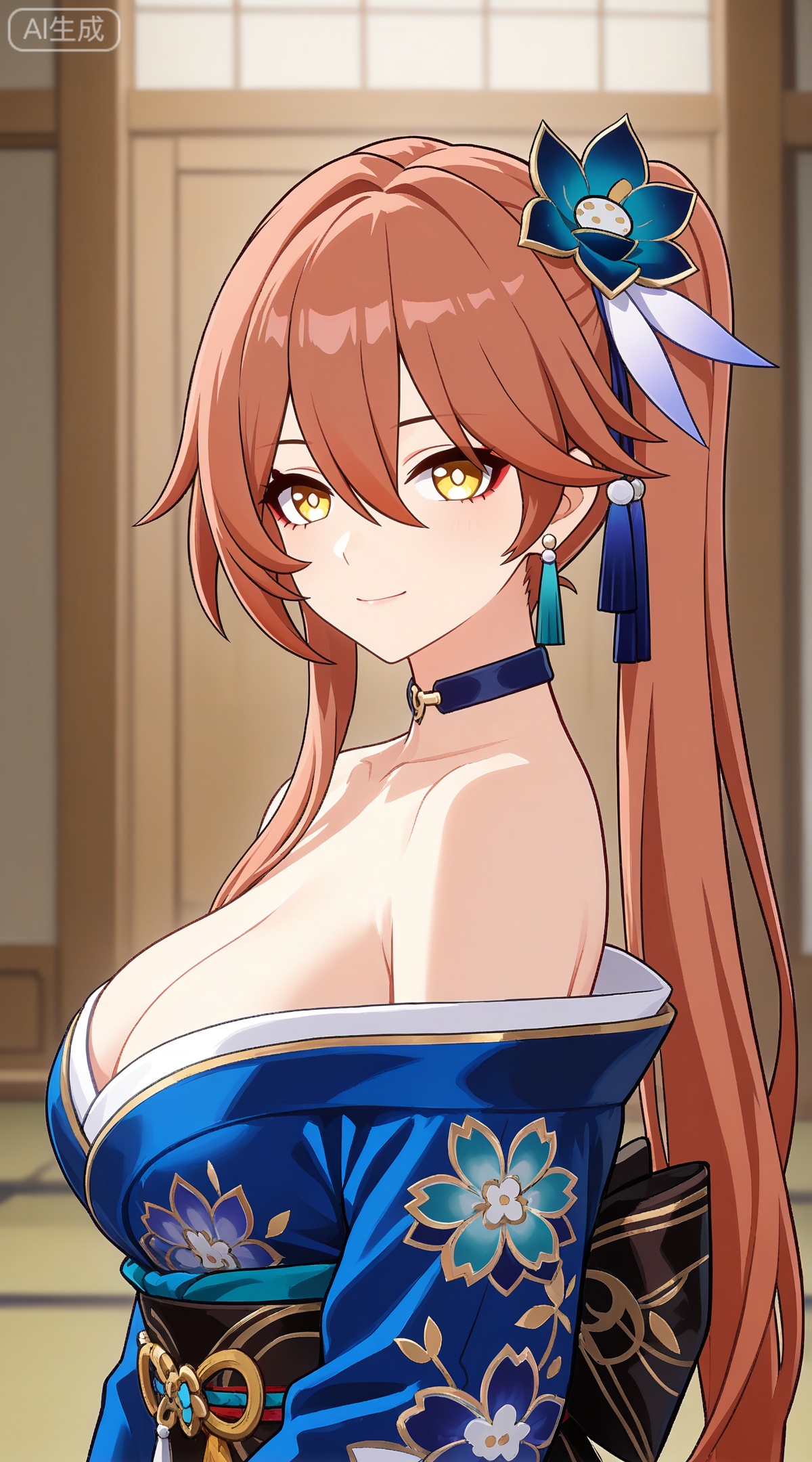 depth of field,masterpiece,best quality,very aesthetic,alternate costume,alternate costume,2024,2023,perfect composition,ultra-detailed,extreme aesthetic,masterpiece,best quality,good quality,newest,year 2024,year 2023,very aesthetic,absurdres,looking_at_viewer,colorful,
guinaifen \(honkai: star rail\), red hair, yellow eyes, long hair, orange hair, side ponytail, hair flower, hair between eyes, hair ornament,
1girl,breasts,solo,japanese clothes,hair ornament,kimono,flower,hair flower,sash,blue kimono,large breasts,choker,looking at viewer,cleavage,bare shoulders,obi,off shoulder,earrings,smile,jewelry,floral print,closed mouth,makeup,from side,long sleeves,
