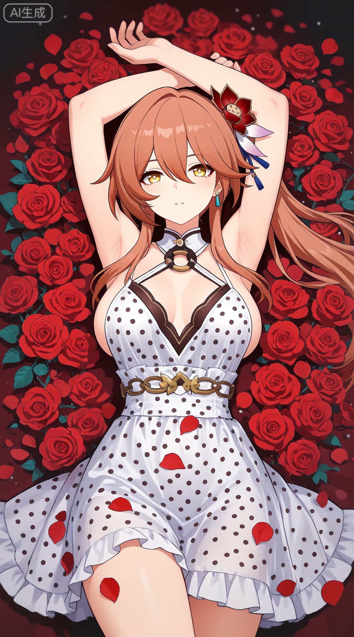 depth of field,masterpiece,best quality,very aesthetic,alternate costume,alternate costume,2024,2023,perfect composition,ultra-detailed,extreme aesthetic,masterpiece,best quality,good quality,newest,year 2024,year 2023,very aesthetic,absurdres,looking_at_viewer,colorful,
guinaifen \(honkai: star rail\), red hair, yellow eyes, long hair, orange hair, side ponytail, hair flower, hair between eyes, hair ornament,
1girl, breasts, solo, polka dot, flower, dress, rose, polka dot dress, large breasts, red flower, armpits, petals, red rose, arms up, sideboob, sleeveless, frills, rose petals,
