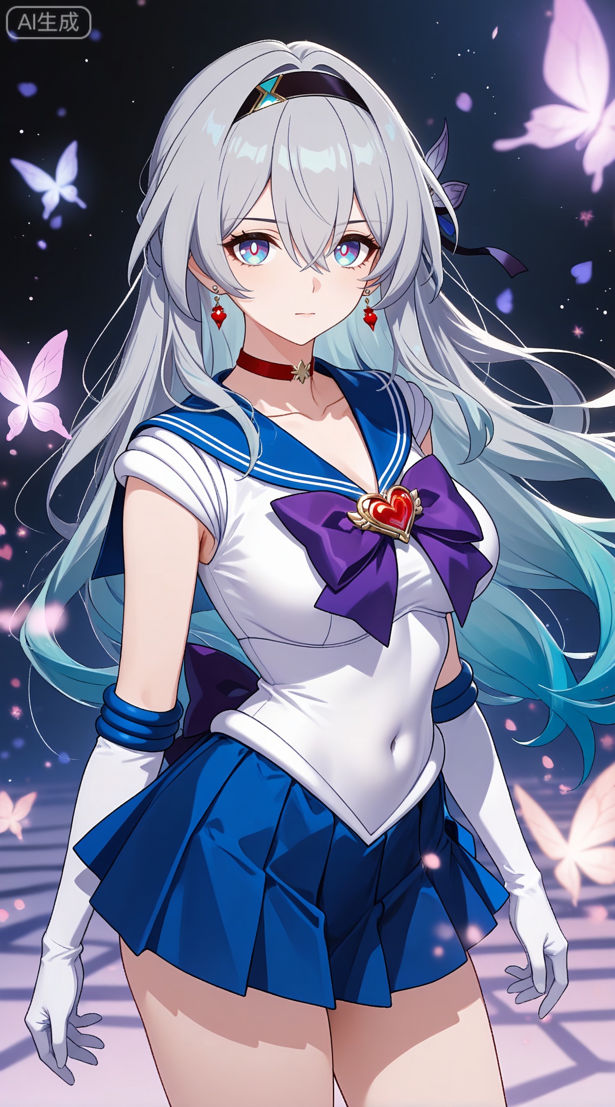 depth of field,masterpiece,best quality,very aesthetic,alternate costume,alternate costume,2024,2023,perfect composition,ultra-detailed,extreme aesthetic,masterpiece,best quality,good quality,newest,year 2024,year 2023,very aesthetic,absurdres,looking_at_viewer,colorful,
firefly \(honkai: star rail\), grey hair, multicolored hair, blue hair, blue pupils, multicolored eyes, hair between eyes, black hairband, black ribbon, hair ribbon, hair bow
,
1girl,sailor senshi uniform,solo,jewelry,skirt,gloves,earrings,blue skirt,white gloves,sailor collar,bow,breasts,choker,elbow gloves,magical girl,back bow,covered navel,pleated skirt,looking at viewer,brooch,purple bow,heart brooch,red choker,miniskirt,closed mouth,large breasts,collarbone,red gemstone,tiara,cowboy shot,
