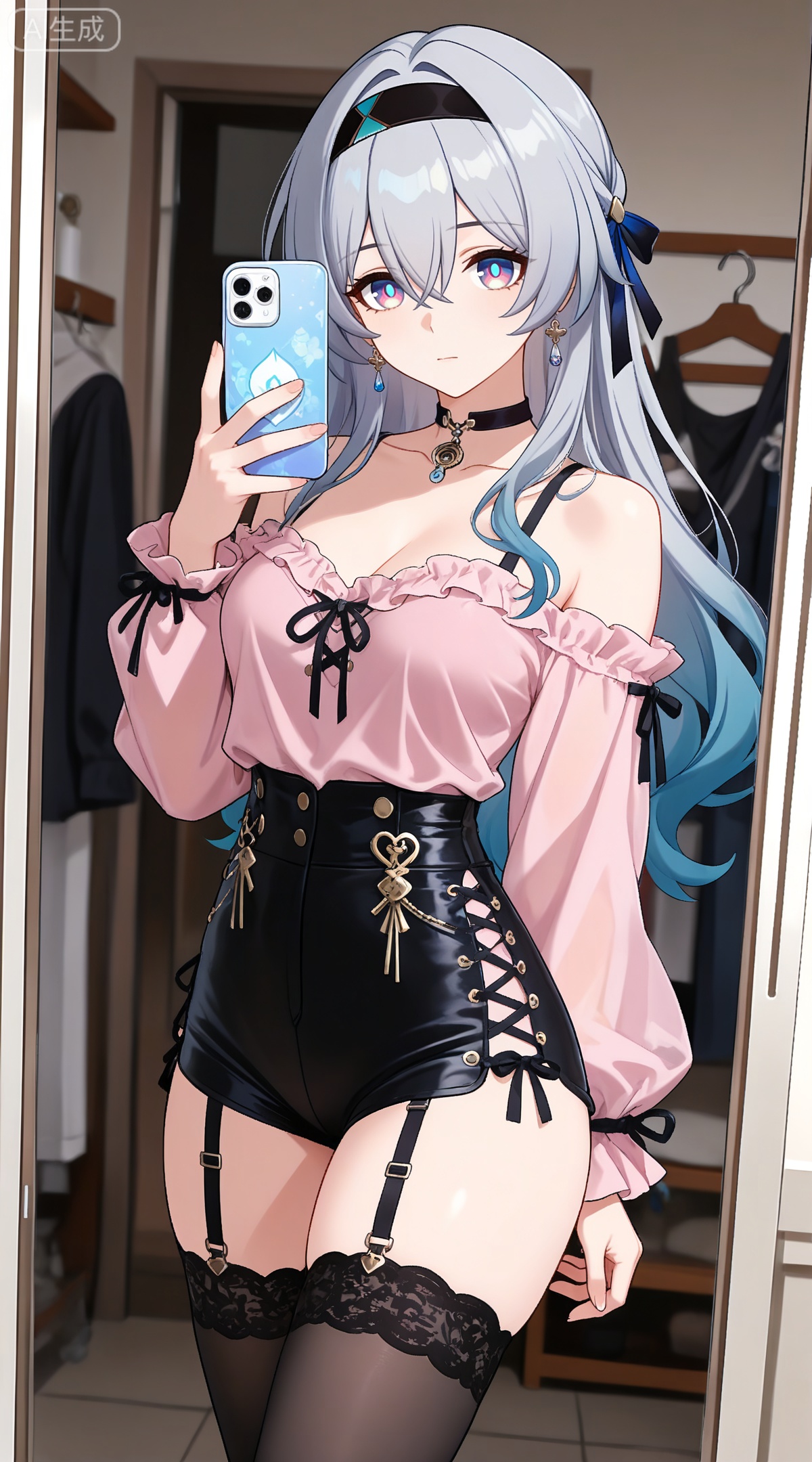 depth of field,masterpiece,best quality,very aesthetic,alternate costume,alternate costume,2024,2023,perfect composition,ultra-detailed,extreme aesthetic,masterpiece,best quality,good quality,newest,year 2024,year 2023,very aesthetic,absurdres,looking_at_viewer,colorful,
firefly \(honkai: star rail\), grey hair, multicolored hair, blue hair, blue pupils, multicolored eyes, hair between eyes, black hairband, black ribbon, hair ribbon, hair bow
,
1girl,breasts,jewelry,phone,earrings,thighhighs,choker,solo,cleavage,cellphone,black choker,holding phone,bare shoulders,holding,smartphone,shirt,garter straps,black thighhighs,off-shoulder shirt,leotard,frills,selfie,collarbone,off shoulder,pink shirt,long sleeves,cross-laced clothes,standing,clothes hanger,closed mouth,cowboy shot,high-waist shorts,thighs,indoors,large breasts,see-through,shorts,medium breasts,

