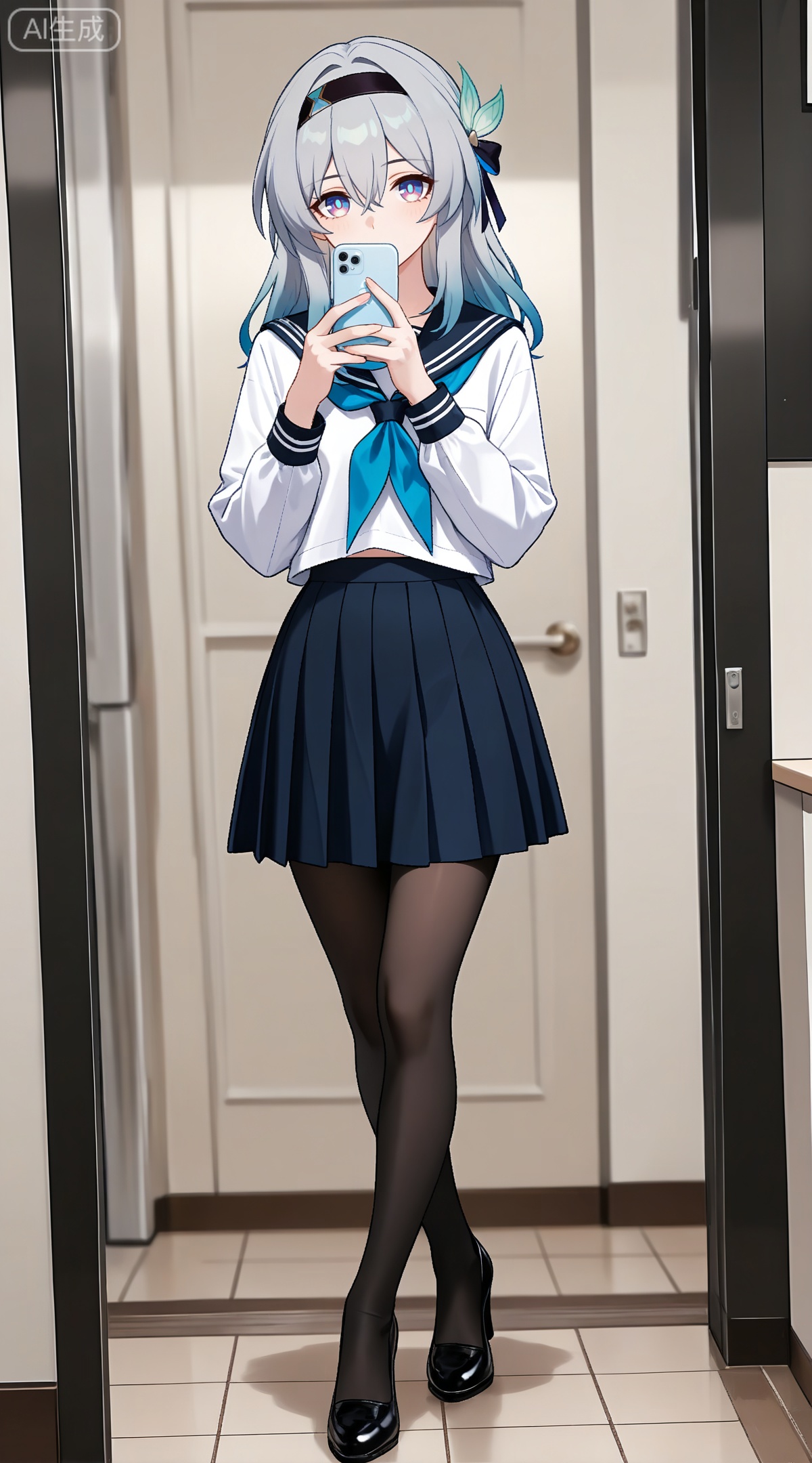 depth of field,masterpiece,best quality,very aesthetic,alternate costume,alternate costume,2024,2023,perfect composition,ultra-detailed,extreme aesthetic,masterpiece,best quality,good quality,newest,year 2024,year 2023,very aesthetic,absurdres,looking_at_viewer,colorful,
firefly \(honkai: star rail\), grey hair, multicolored hair, blue hair, blue pupils, multicolored eyes, hair between eyes, black hairband, black ribbon, hair ribbon, hair bow
,
1girl, pantyhose, solo, school uniform, skirt, phone, selfie, cellphone, serafuku, smartphone, holding phone, black pantyhose, high heels, full body, holding, bow, crossed legs, standing, 3/4 view,
