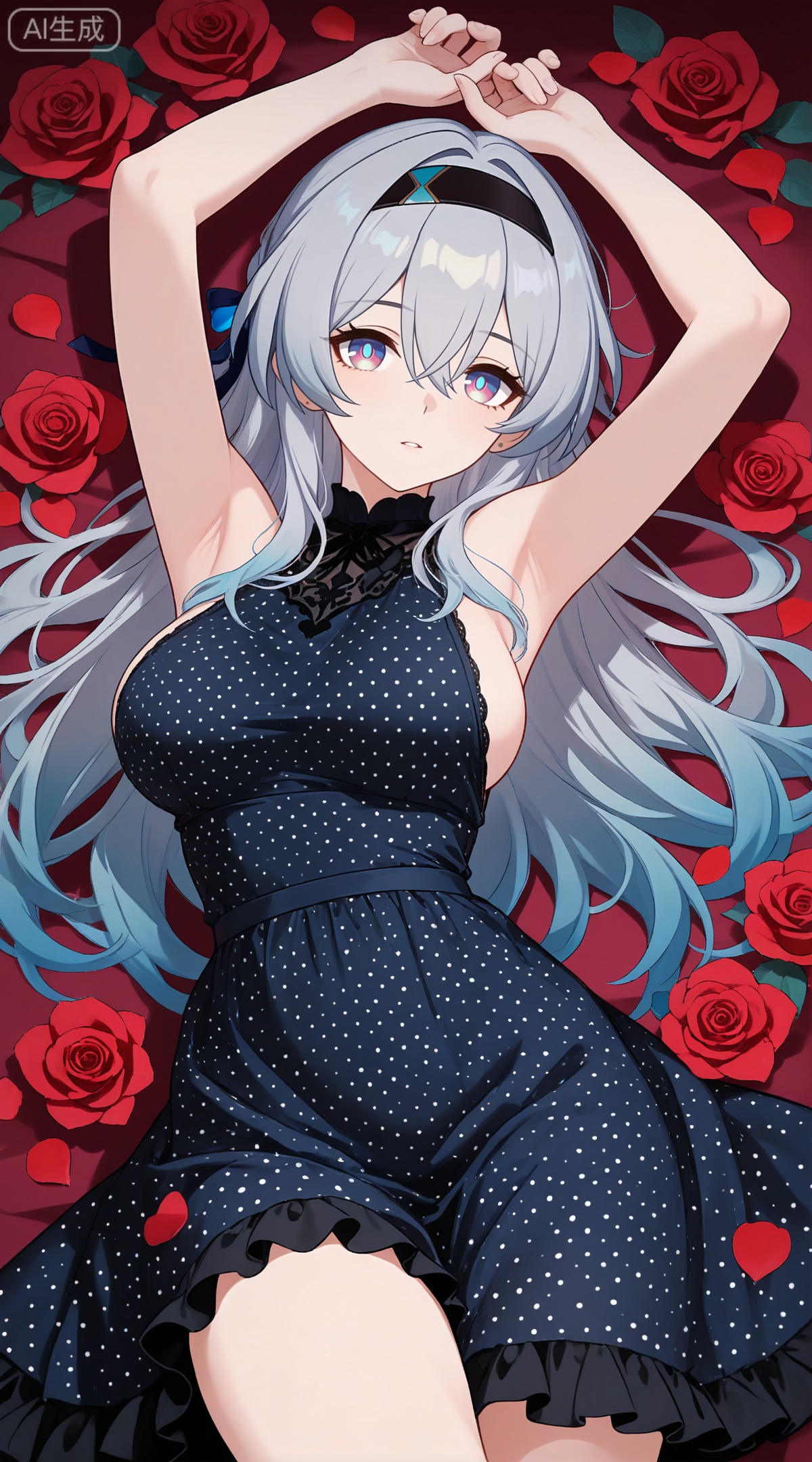 depth of field,masterpiece,best quality,very aesthetic,alternate costume,alternate costume,2024,2023,perfect composition,ultra-detailed,extreme aesthetic,masterpiece,best quality,good quality,newest,year 2024,year 2023,very aesthetic,absurdres,looking_at_viewer,colorful,
firefly \(honkai: star rail\), grey hair, multicolored hair, blue hair, blue pupils, multicolored eyes, hair between eyes, black hairband, black ribbon, hair ribbon, hair bow
,
1girl, breasts, solo, polka dot, flower, dress, rose, polka dot dress, large breasts, red flower, armpits, petals, red rose, arms up, sideboob, sleeveless, frills, rose petals,
