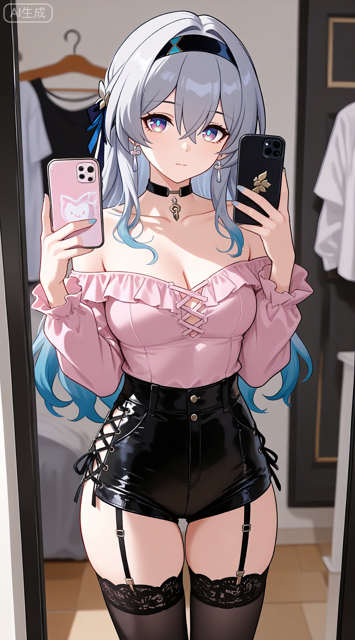 depth of field,masterpiece,best quality,very aesthetic,alternate costume,alternate costume,2024,2023,perfect composition,ultra-detailed,extreme aesthetic,masterpiece,best quality,good quality,newest,year 2024,year 2023,very aesthetic,absurdres,looking_at_viewer,colorful,
firefly \(honkai: star rail\), grey hair, multicolored hair, blue hair, blue pupils, multicolored eyes, hair between eyes, black hairband, black ribbon, hair ribbon, hair bow
,
1girl,breasts,jewelry,phone,earrings,thighhighs,choker,solo,cleavage,cellphone,black choker,holding phone,bare shoulders,holding,smartphone,shirt,garter straps,black thighhighs,off-shoulder shirt,leotard,frills,selfie,collarbone,off shoulder,pink shirt,long sleeves,cross-laced clothes,standing,clothes hanger,closed mouth,cowboy shot,high-waist shorts,thighs,indoors,large breasts,see-through,shorts,medium breasts,
