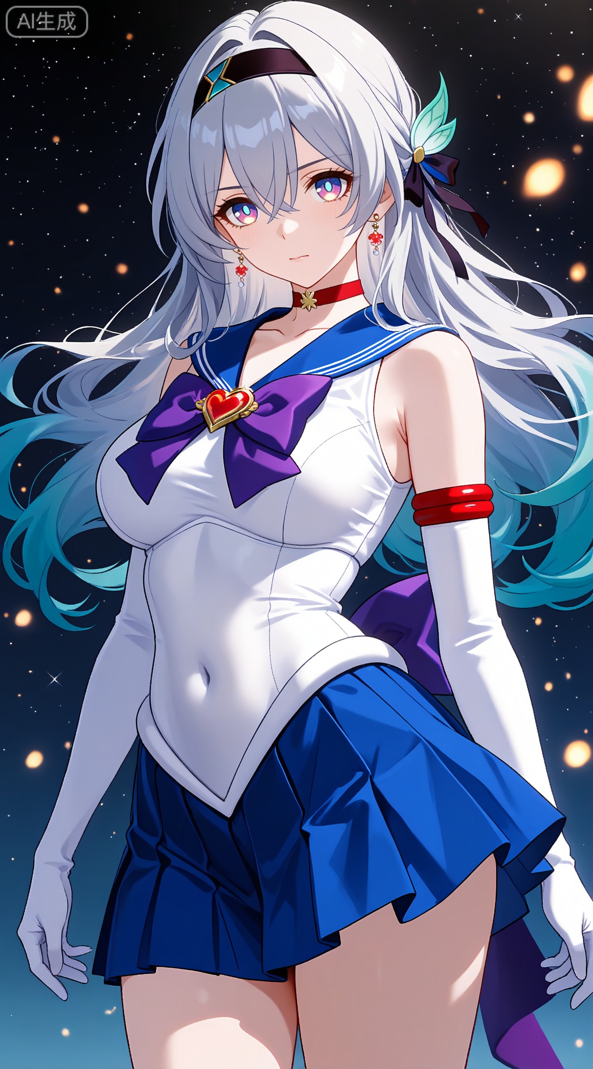 depth of field,masterpiece,best quality,very aesthetic,alternate costume,alternate costume,2024,2023,perfect composition,ultra-detailed,extreme aesthetic,masterpiece,best quality,good quality,newest,year 2024,year 2023,very aesthetic,absurdres,looking_at_viewer,colorful,
firefly \(honkai: star rail\), grey hair, multicolored hair, blue hair, blue pupils, multicolored eyes, hair between eyes, black hairband, black ribbon, hair ribbon, hair bow
,
1girl,sailor senshi uniform,solo,jewelry,skirt,gloves,earrings,blue skirt,white gloves,sailor collar,bow,breasts,choker,elbow gloves,magical girl,back bow,covered navel,pleated skirt,looking at viewer,brooch,purple bow,heart brooch,red choker,miniskirt,closed mouth,large breasts,collarbone,red gemstone,tiara,cowboy shot,
