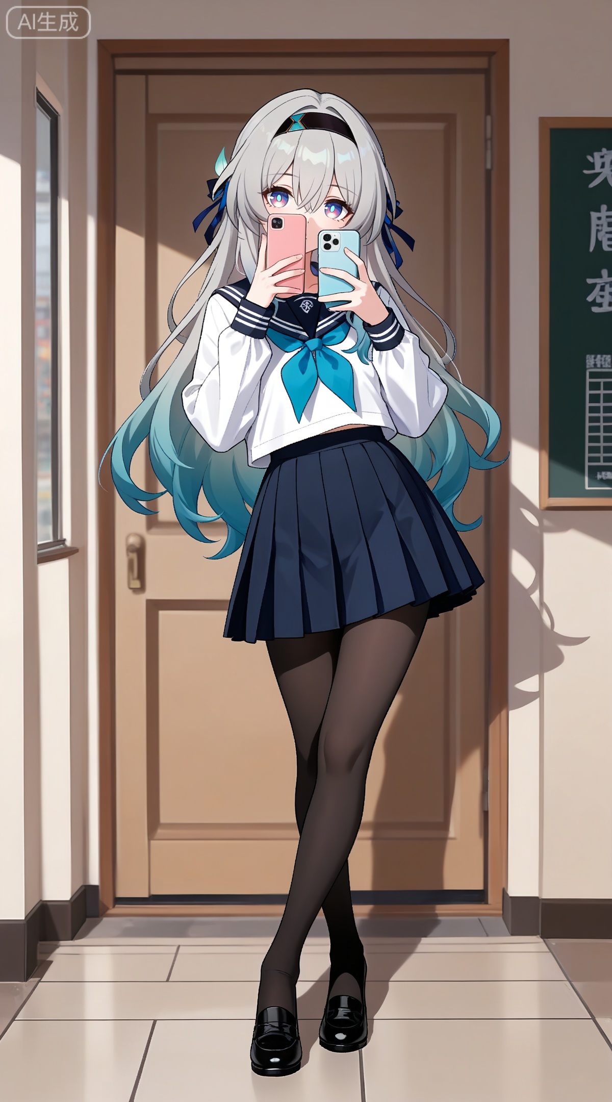 depth of field,masterpiece,best quality,very aesthetic,alternate costume,alternate costume,2024,2023,perfect composition,ultra-detailed,extreme aesthetic,masterpiece,best quality,good quality,newest,year 2024,year 2023,very aesthetic,absurdres,looking_at_viewer,colorful,
firefly \(honkai: star rail\), grey hair, multicolored hair, blue hair, blue pupils, multicolored eyes, hair between eyes, black hairband, black ribbon, hair ribbon, hair bow
,
1girl, pantyhose, solo, school uniform, skirt, phone, selfie, cellphone, serafuku, smartphone, holding phone, black pantyhose, high heels, full body, holding, bow, crossed legs, standing, 3/4 view,
