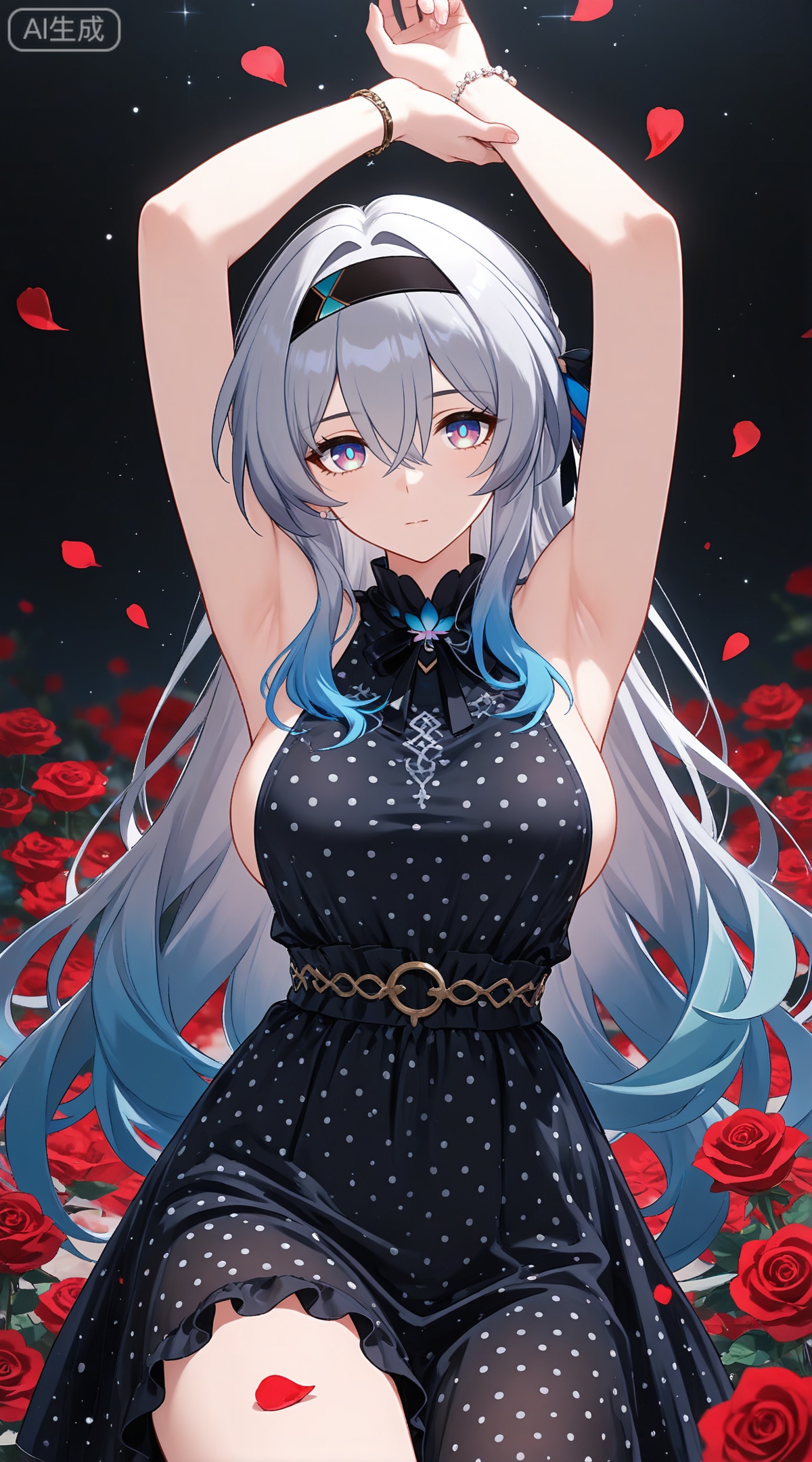 depth of field,masterpiece,best quality,very aesthetic,alternate costume,alternate costume,2024,2023,perfect composition,ultra-detailed,extreme aesthetic,masterpiece,best quality,good quality,newest,year 2024,year 2023,very aesthetic,absurdres,looking_at_viewer,colorful,
firefly \(honkai: star rail\), grey hair, multicolored hair, blue hair, blue pupils, multicolored eyes, hair between eyes, black hairband, black ribbon, hair ribbon, hair bow
,
1girl, breasts, solo, polka dot, flower, dress, rose, polka dot dress, large breasts, red flower, armpits, petals, red rose, arms up, sideboob, sleeveless, frills, rose petals,
