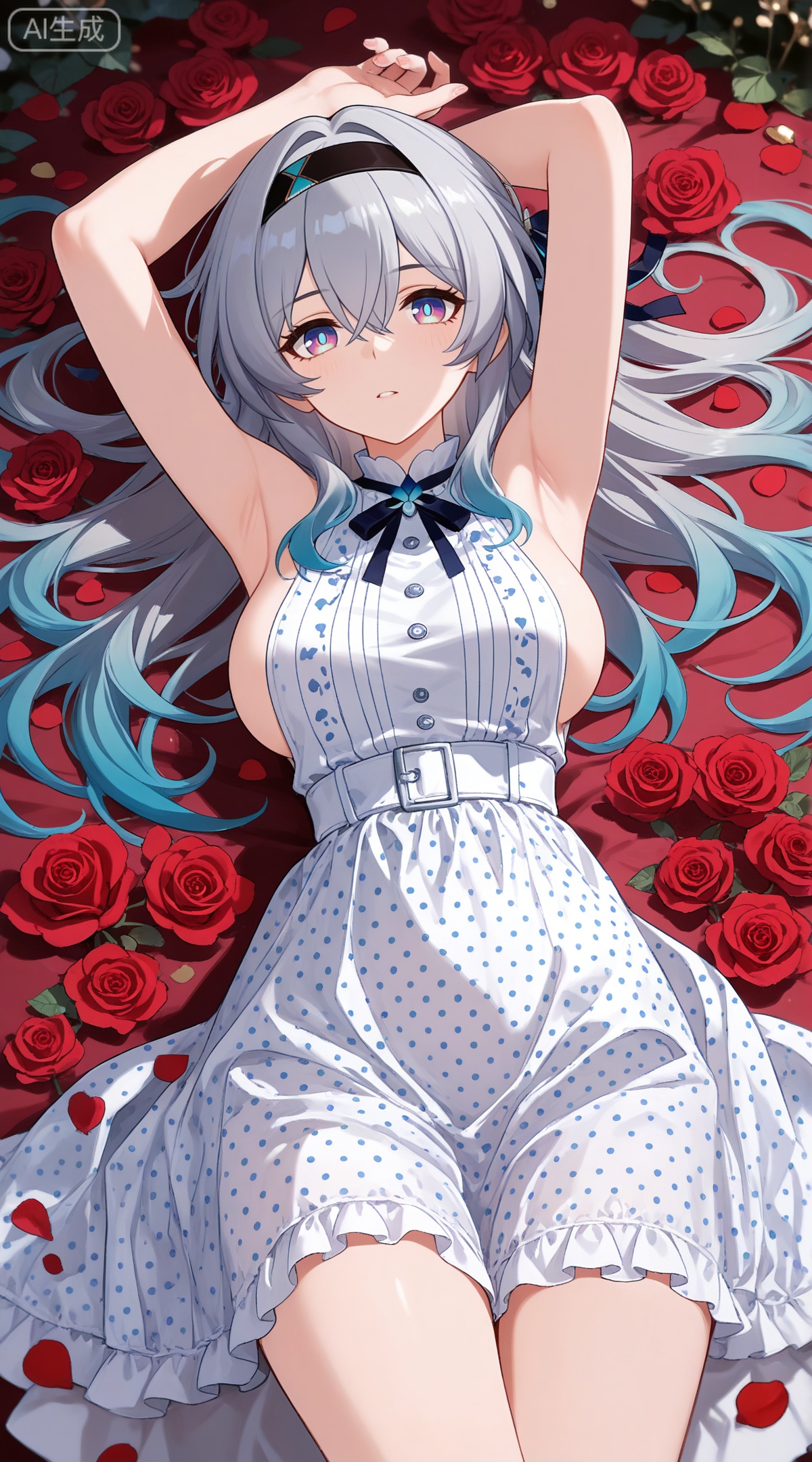 depth of field,masterpiece,best quality,very aesthetic,alternate costume,alternate costume,2024,2023,perfect composition,ultra-detailed,extreme aesthetic,masterpiece,best quality,good quality,newest,year 2024,year 2023,very aesthetic,absurdres,looking_at_viewer,colorful,
firefly \(honkai: star rail\), grey hair, multicolored hair, blue hair, blue pupils, multicolored eyes, hair between eyes, black hairband, black ribbon, hair ribbon, hair bow
,
1girl, breasts, solo, polka dot, flower, dress, rose, polka dot dress, large breasts, red flower, armpits, petals, red rose, arms up, sideboob, sleeveless, frills, rose petals,
