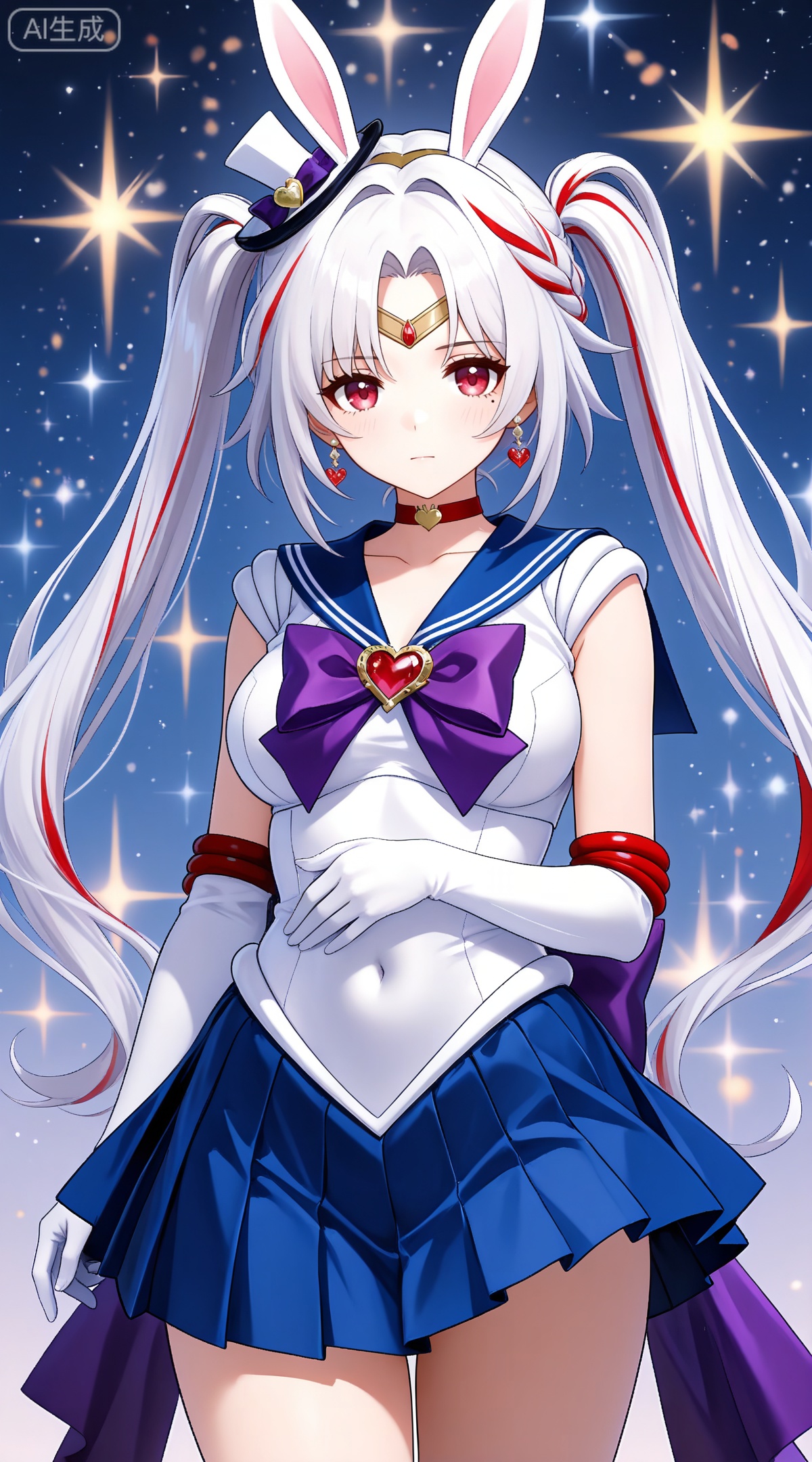 depth of field,masterpiece,best quality,very aesthetic,alternate costume,alternate costume,2024,2023,perfect composition,ultra-detailed,extreme aesthetic,masterpiece,best quality,good quality,newest,year 2024,year 2023,very aesthetic,absurdres,looking_at_viewer,colorful,
sparkle \(honkai: star rail\), white hair, long hair, twintails, multicolored hair, streaked hair, red hair, mini hat, rabbit ears, red eyes, mole under eye, braid,
1girl,sailor senshi uniform,solo,jewelry,skirt,gloves,earrings,blue skirt,white gloves,sailor collar,bow,breasts,choker,elbow gloves,magical girl,back bow,covered navel,pleated skirt,looking at viewer,brooch,purple bow,heart brooch,red choker,miniskirt,closed mouth,large breasts,collarbone,red gemstone,tiara,cowboy shot,
