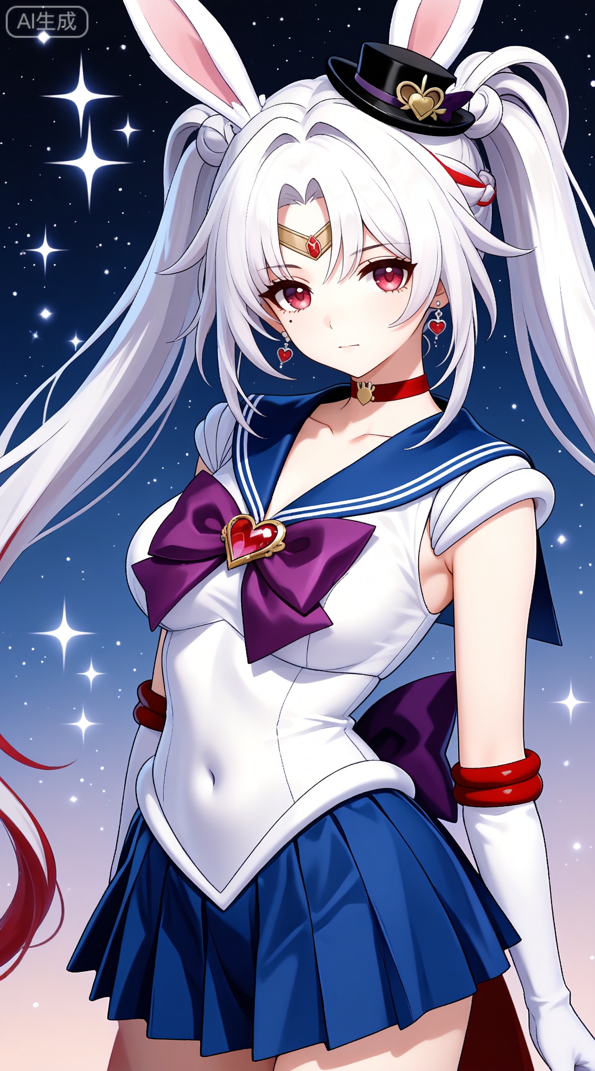 depth of field,masterpiece,best quality,very aesthetic,alternate costume,alternate costume,2024,2023,perfect composition,ultra-detailed,extreme aesthetic,masterpiece,best quality,good quality,newest,year 2024,year 2023,very aesthetic,absurdres,looking_at_viewer,colorful,
sparkle \(honkai: star rail\), white hair, long hair, twintails, multicolored hair, streaked hair, red hair, mini hat, rabbit ears, red eyes, mole under eye, braid,
1girl,sailor senshi uniform,solo,jewelry,skirt,gloves,earrings,blue skirt,white gloves,sailor collar,bow,breasts,choker,elbow gloves,magical girl,back bow,covered navel,pleated skirt,looking at viewer,brooch,purple bow,heart brooch,red choker,miniskirt,closed mouth,large breasts,collarbone,red gemstone,tiara,cowboy shot,
