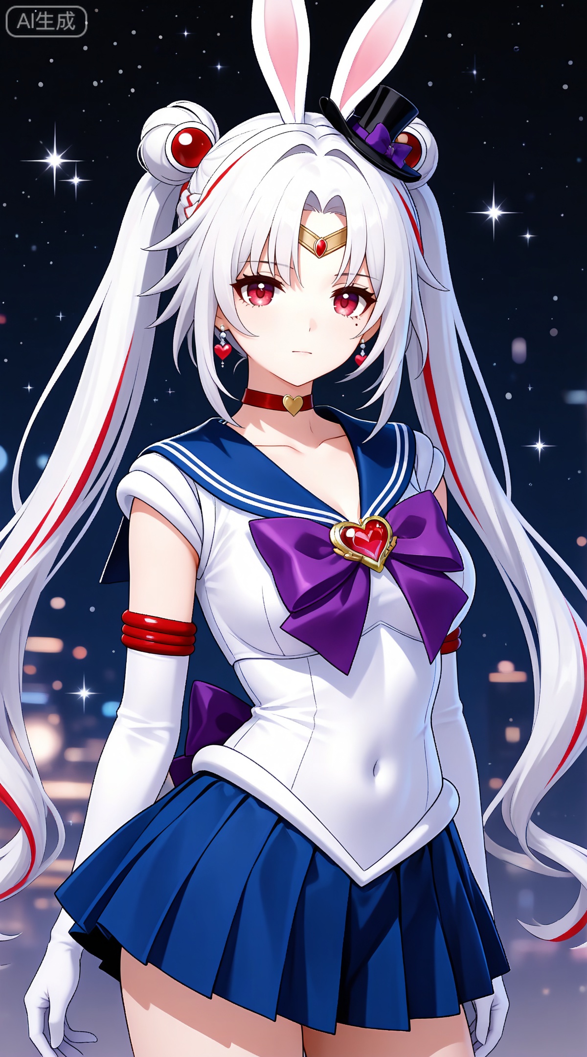 depth of field,masterpiece,best quality,very aesthetic,alternate costume,alternate costume,2024,2023,perfect composition,ultra-detailed,extreme aesthetic,masterpiece,best quality,good quality,newest,year 2024,year 2023,very aesthetic,absurdres,looking_at_viewer,colorful,
sparkle \(honkai: star rail\), white hair, long hair, twintails, multicolored hair, streaked hair, red hair, mini hat, rabbit ears, red eyes, mole under eye, braid,
1girl,sailor senshi uniform,solo,jewelry,skirt,gloves,earrings,blue skirt,white gloves,sailor collar,bow,breasts,choker,elbow gloves,magical girl,back bow,covered navel,pleated skirt,looking at viewer,brooch,purple bow,heart brooch,red choker,miniskirt,closed mouth,large breasts,collarbone,red gemstone,tiara,cowboy shot,
