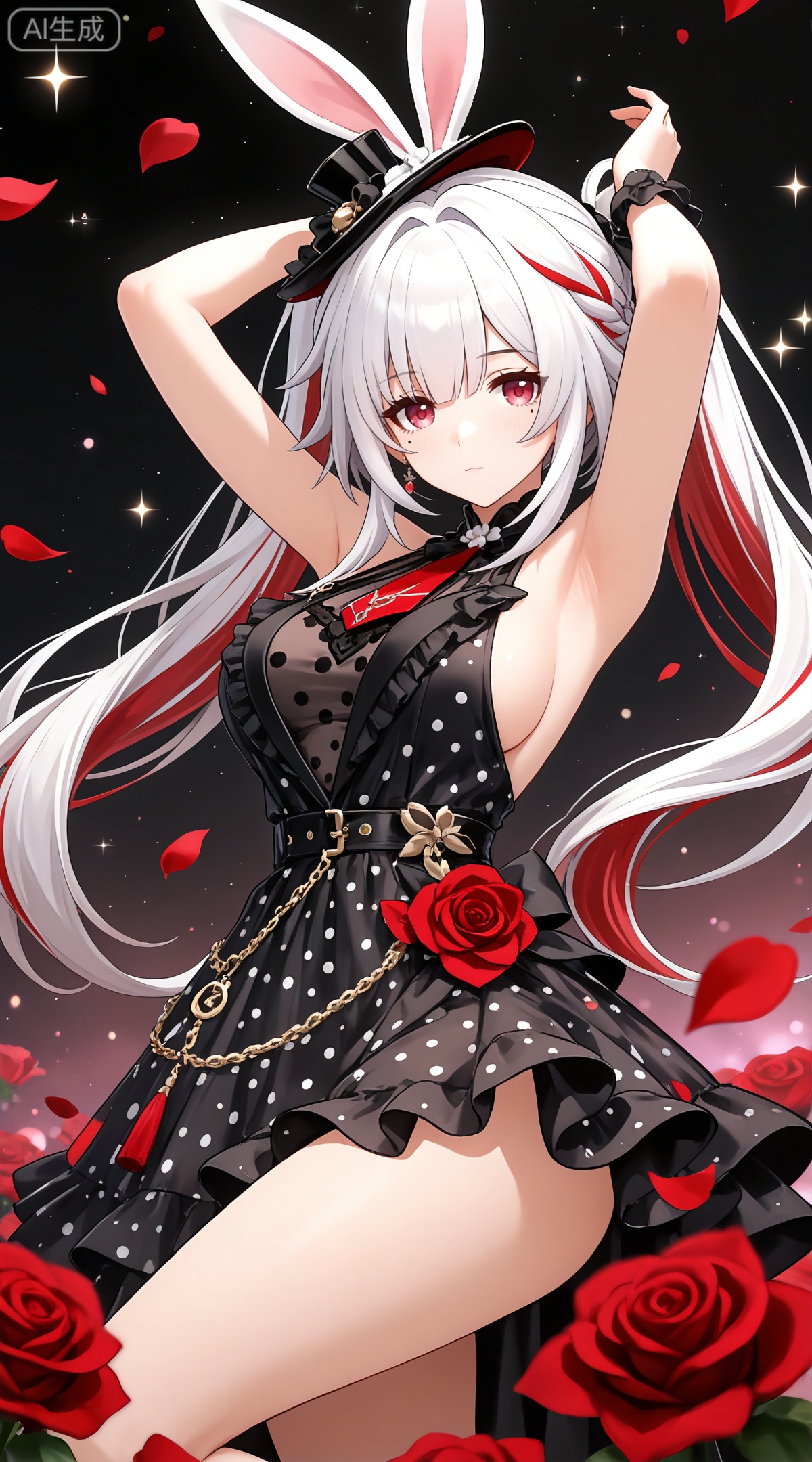 depth of field,masterpiece,best quality,very aesthetic,alternate costume,alternate costume,2024,2023,perfect composition,ultra-detailed,extreme aesthetic,masterpiece,best quality,good quality,newest,year 2024,year 2023,very aesthetic,absurdres,looking_at_viewer,colorful,
sparkle \(honkai: star rail\), white hair, long hair, twintails, multicolored hair, streaked hair, red hair, mini hat, rabbit ears, red eyes, mole under eye, braid,
1girl, breasts, solo, polka dot, flower, dress, rose, polka dot dress, large breasts, red flower, armpits, petals, red rose, arms up, sideboob, sleeveless, frills, rose petals,
